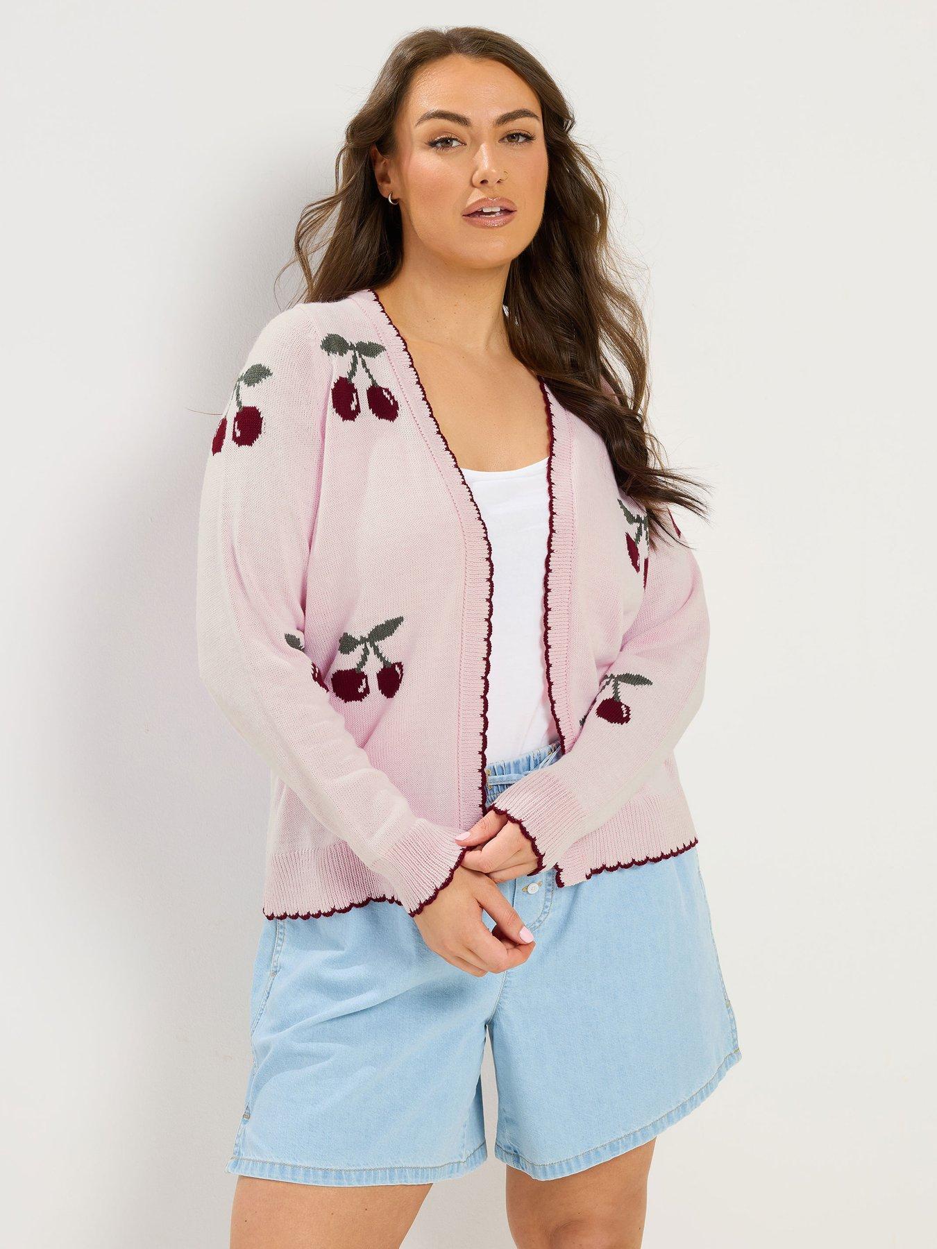 Yours Curve Cherry Print Scallop Cardigan - Pink