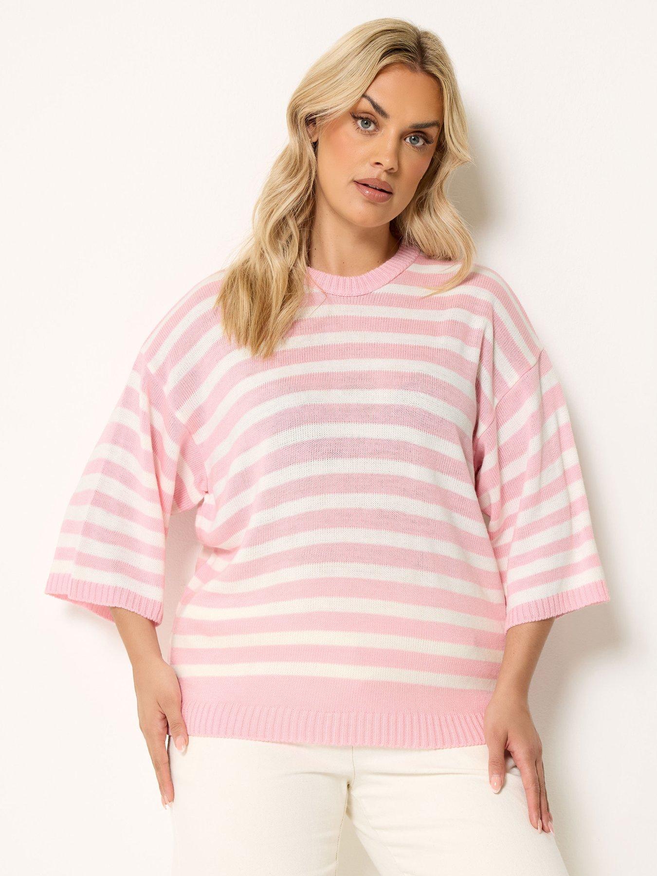 Yours Curve Stripe Short Sleeve Knitted Crew - Pink
