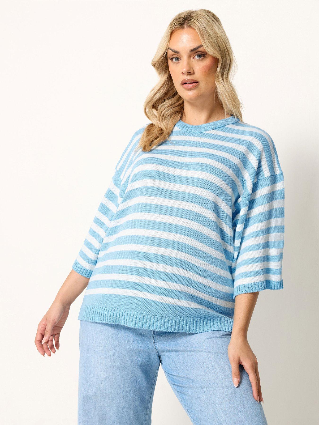 Yours Curve Stripe Short Sleeve Knitted Crew - Blue