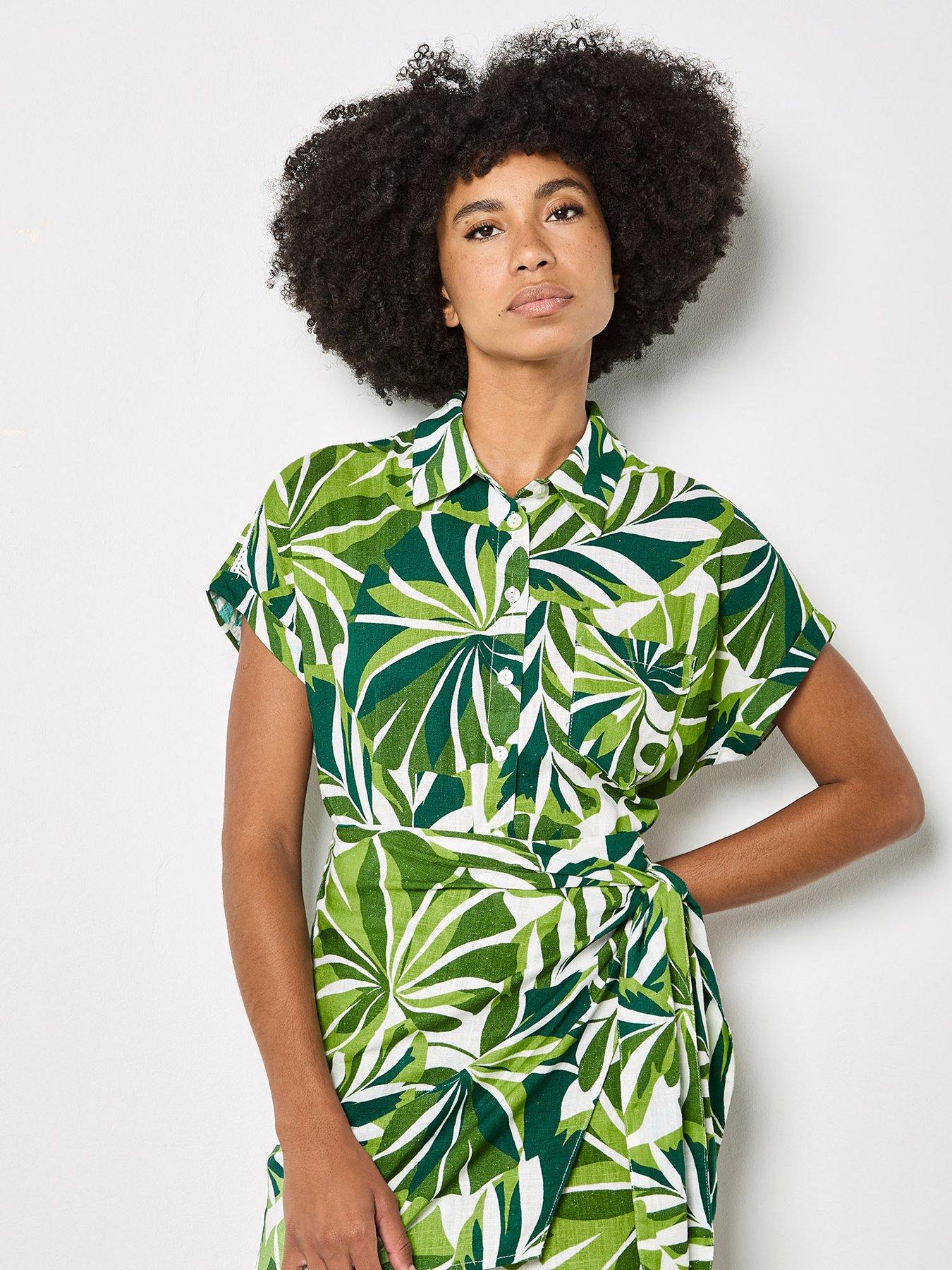 Image 1 of 5 of Apricot Layered Graphic Tropical In Ladder Stitch Linen Shirt - Green