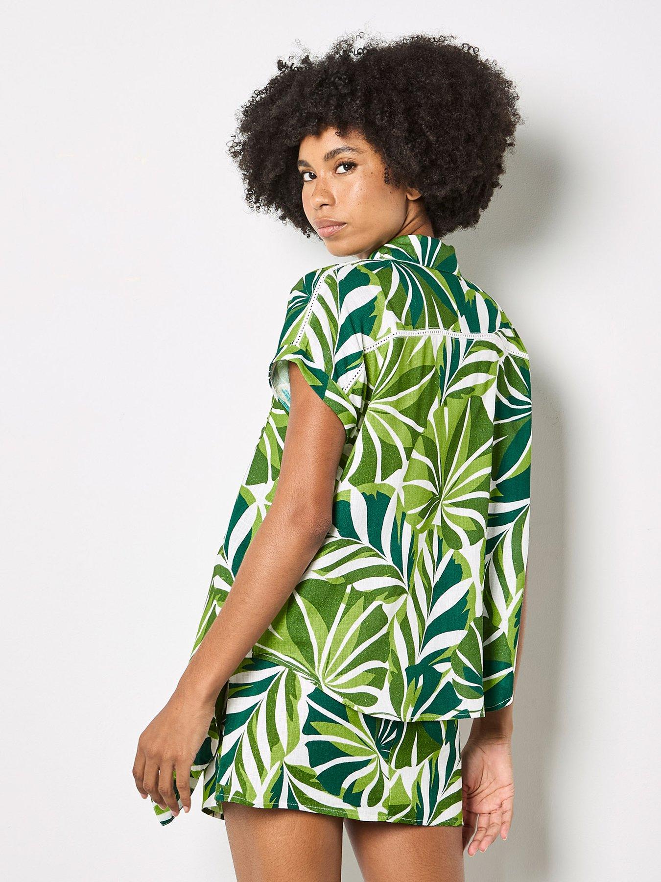 Image 2 of 5 of Apricot Layered Graphic Tropical In Ladder Stitch Linen Shirt - Green
