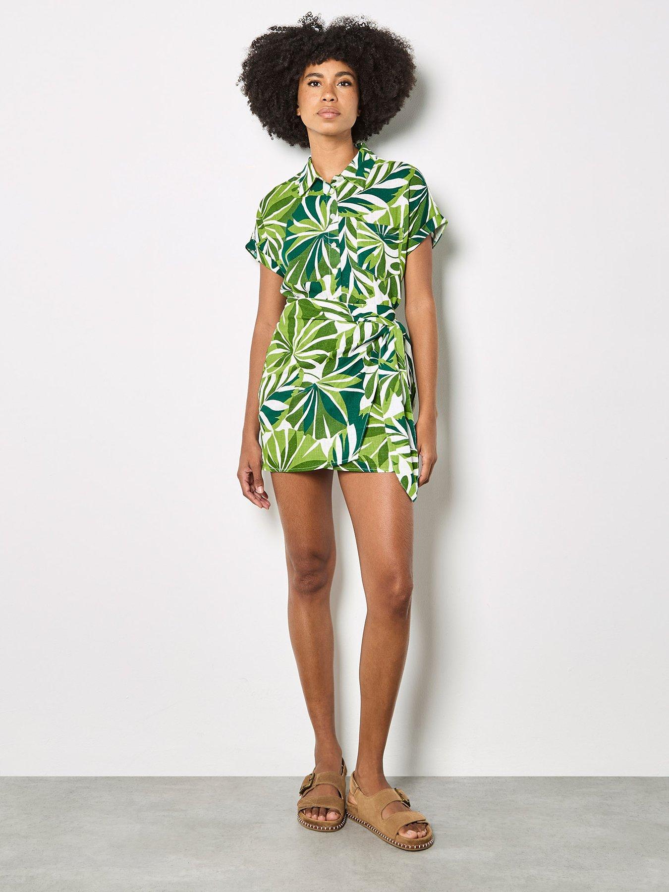 Image 3 of 5 of Apricot Layered Graphic Tropical In Ladder Stitch Linen Shirt - Green
