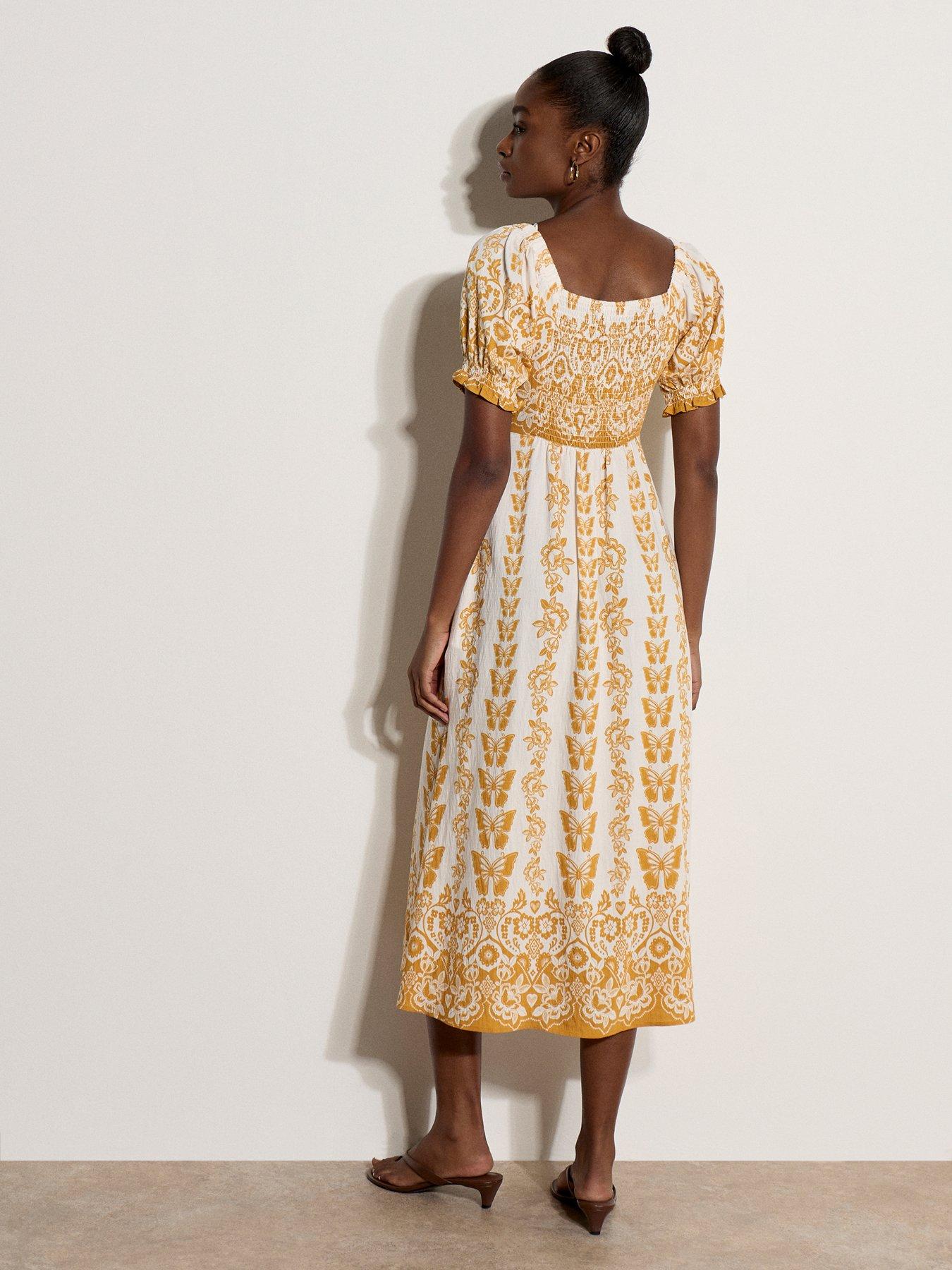 Image 2 of 4 of Apricot Butterflies Border Print Midi Dress - Yellow