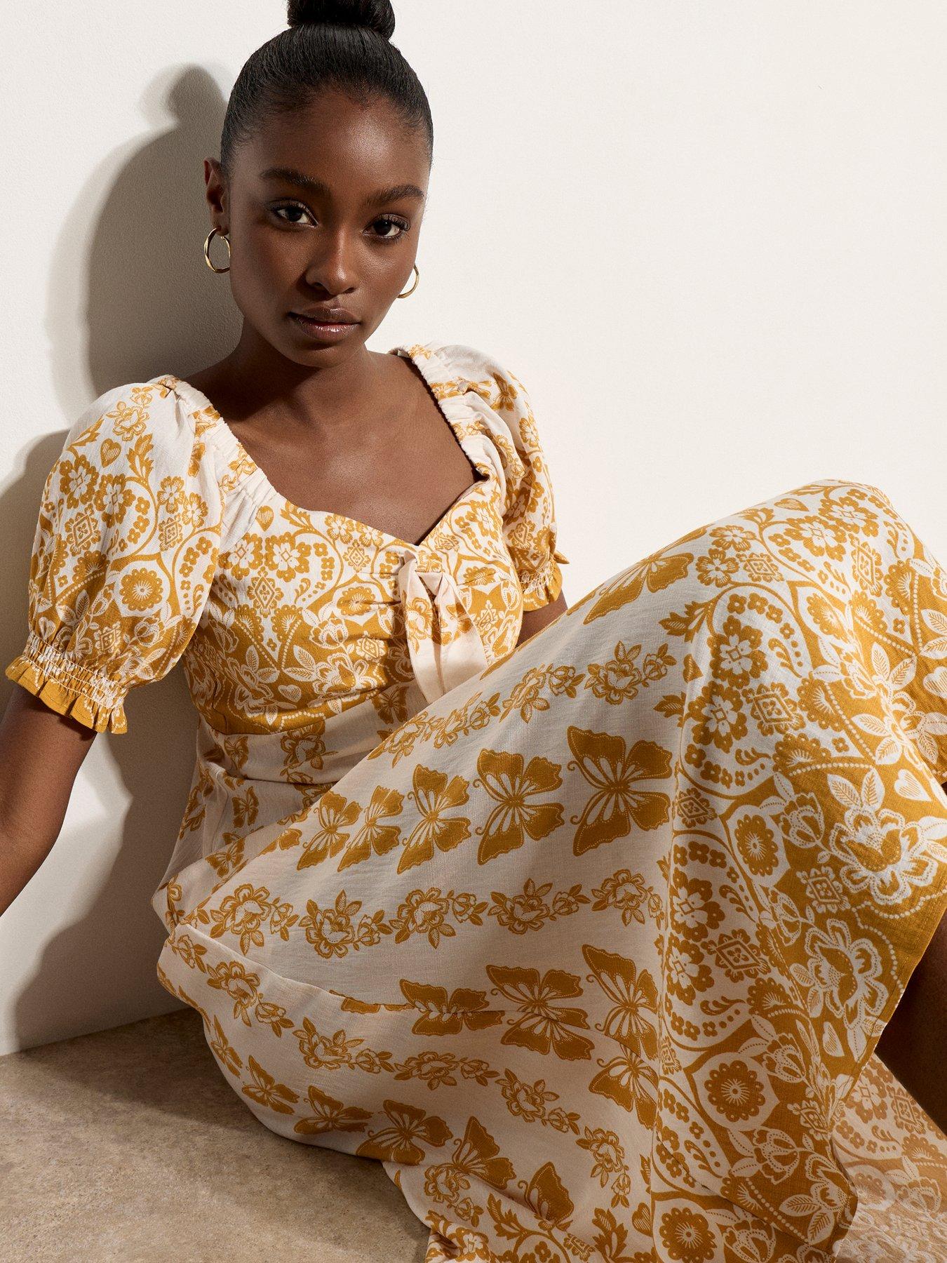 Image 3 of 4 of Apricot Butterflies Border Print Midi Dress - Yellow