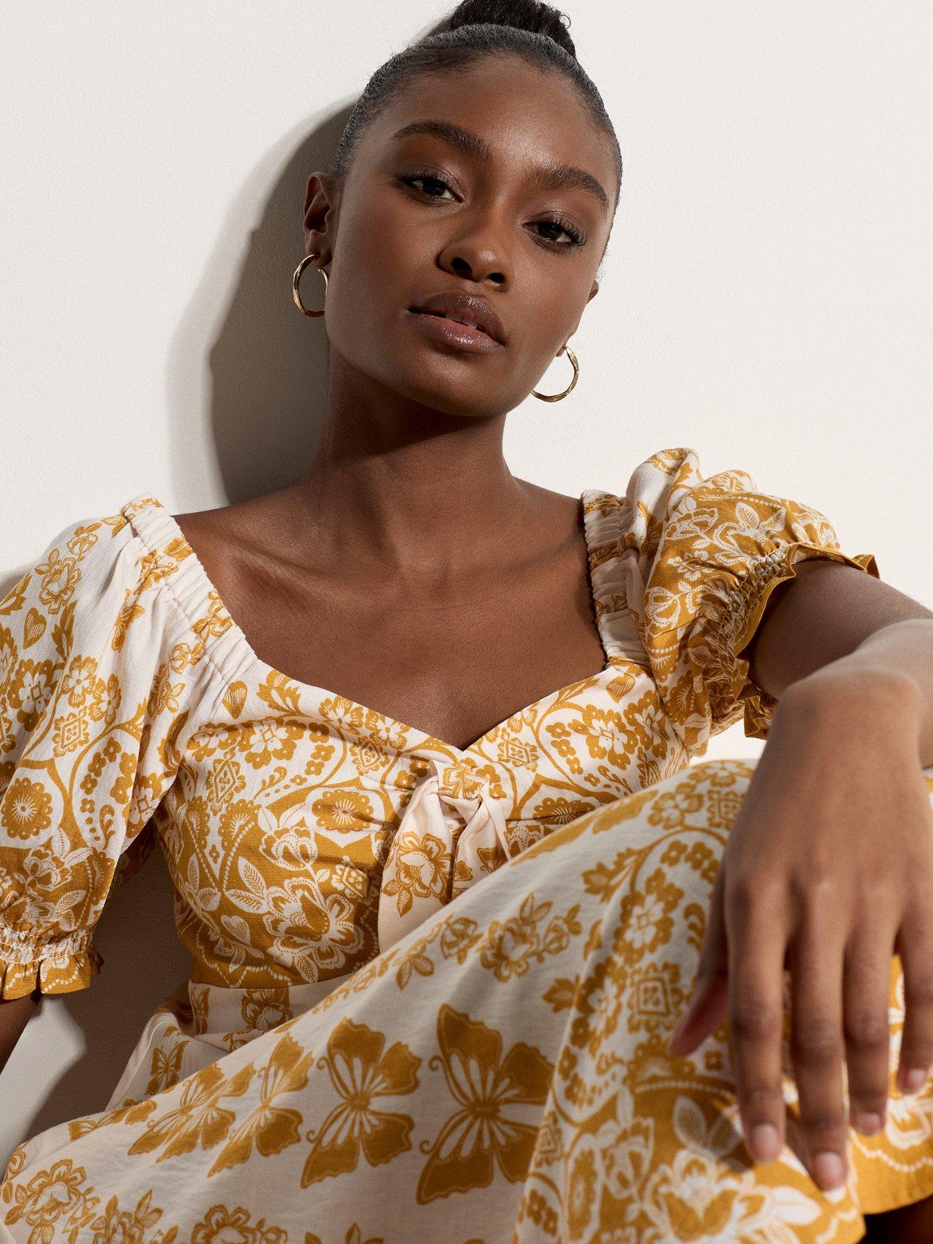 Image 4 of 4 of Apricot Butterflies Border Print Midi Dress - Yellow