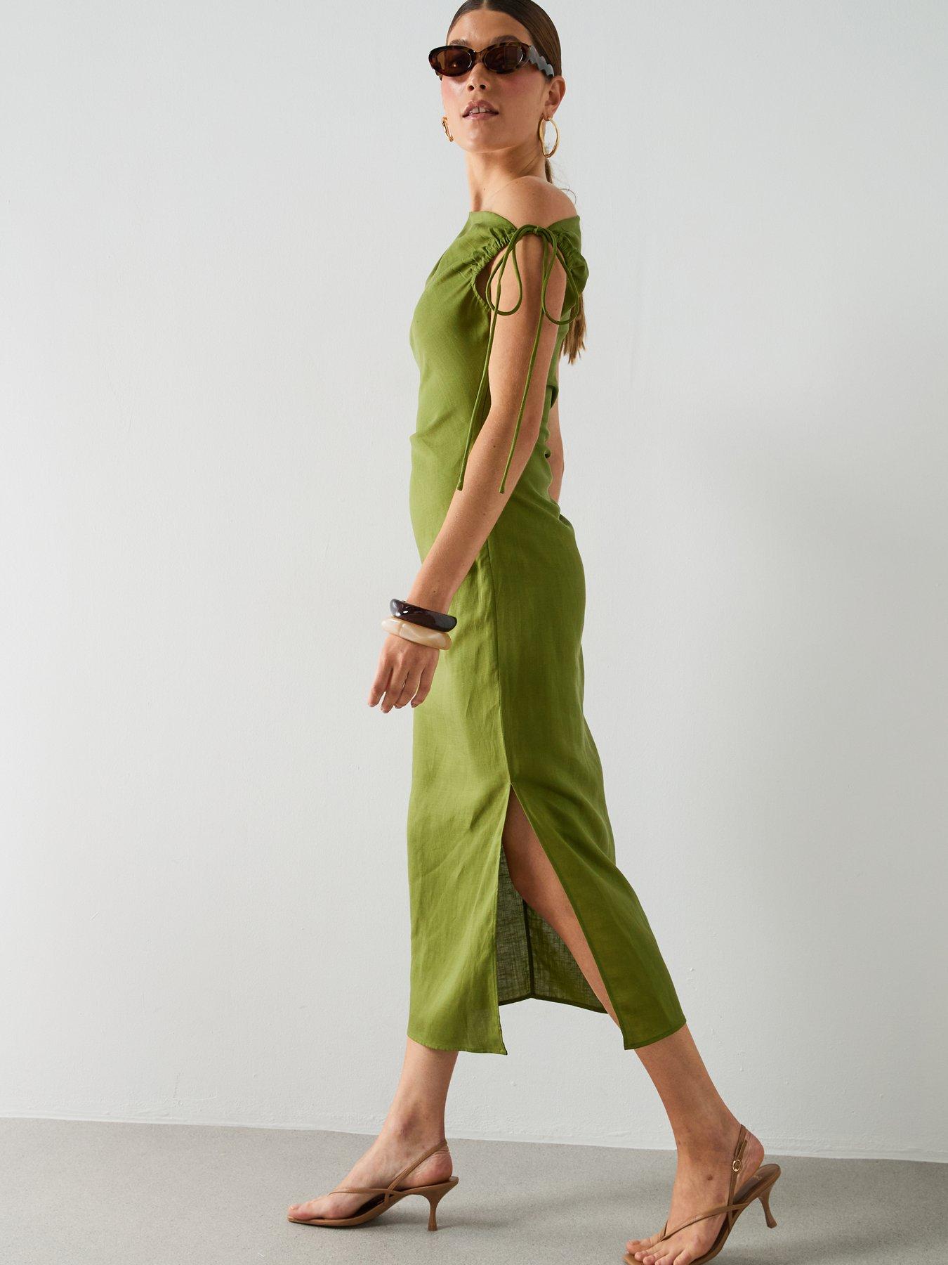 mango green linen dress Asymmetric Side Ruched - Flower Girl Dresses