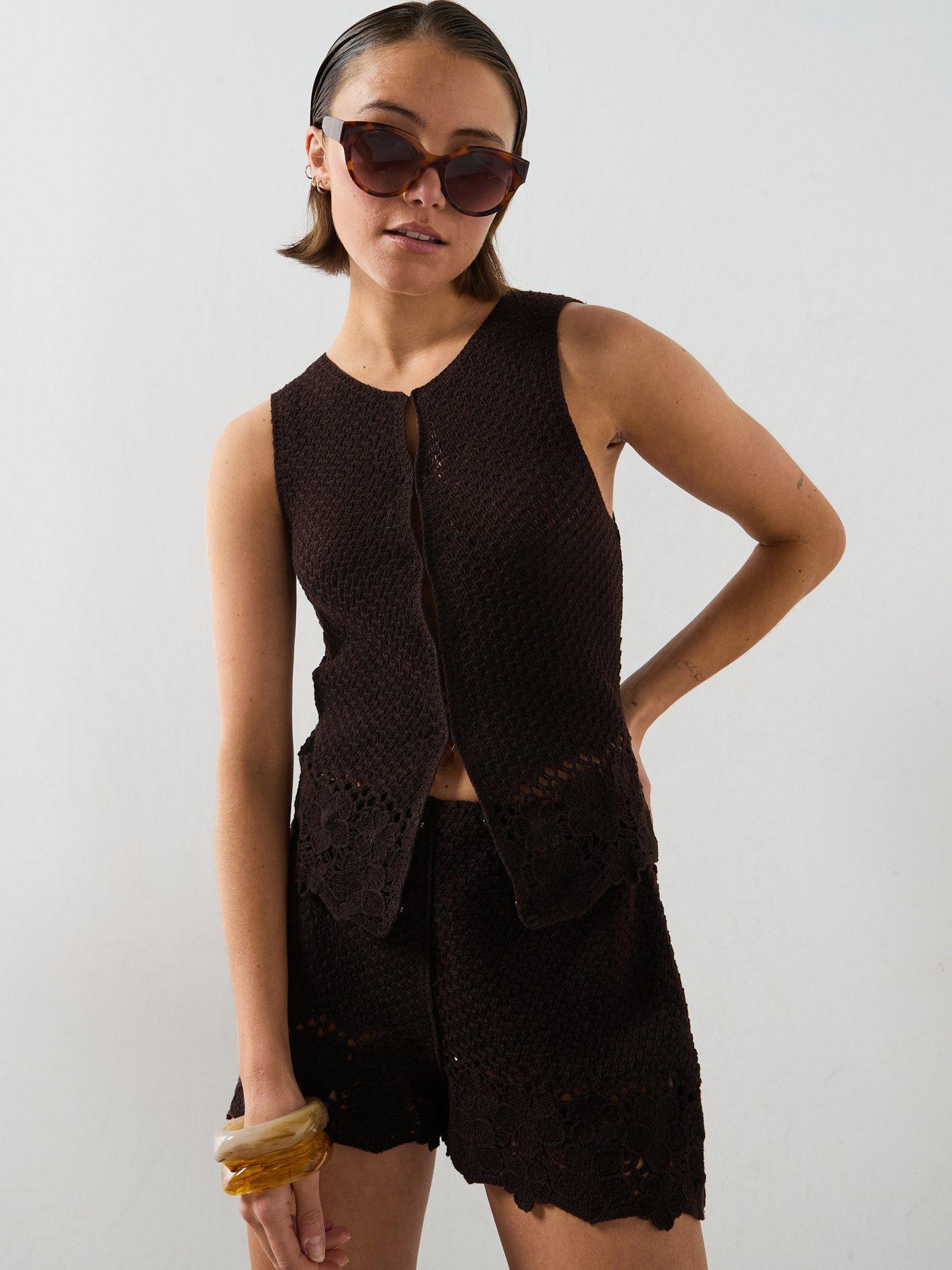 Mango Crochet Co-Ord Cotton Gilet - Brown