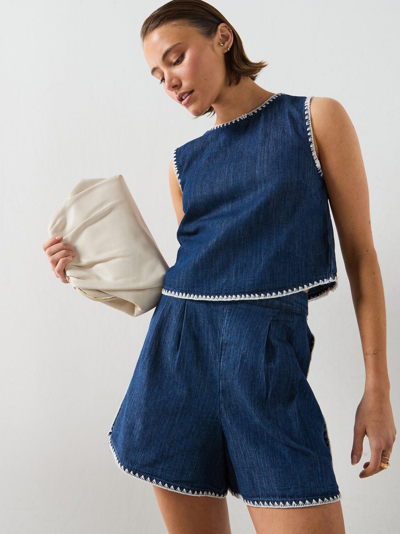 Image 1 of 6 of Mango Contrast Trim Co-Ord Denim Shorts - Blue