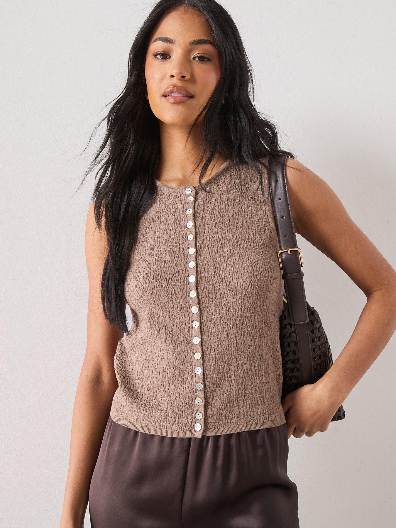 Mango Top With Combined Texture Buttons - Brown