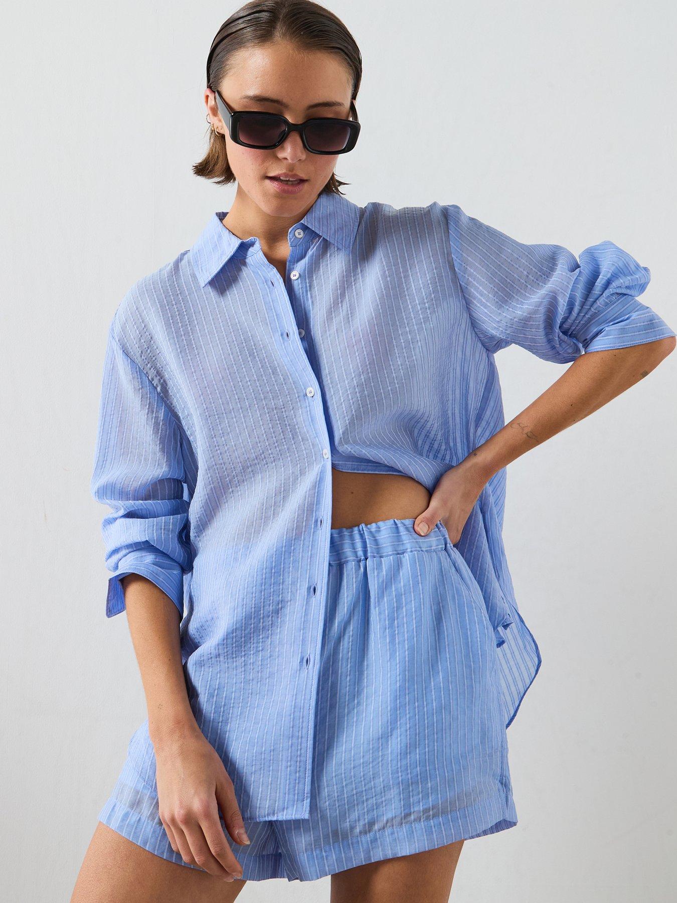 Image 1 of 5 of Mango Striped Co-Ord Lyocell Shirt - Blue