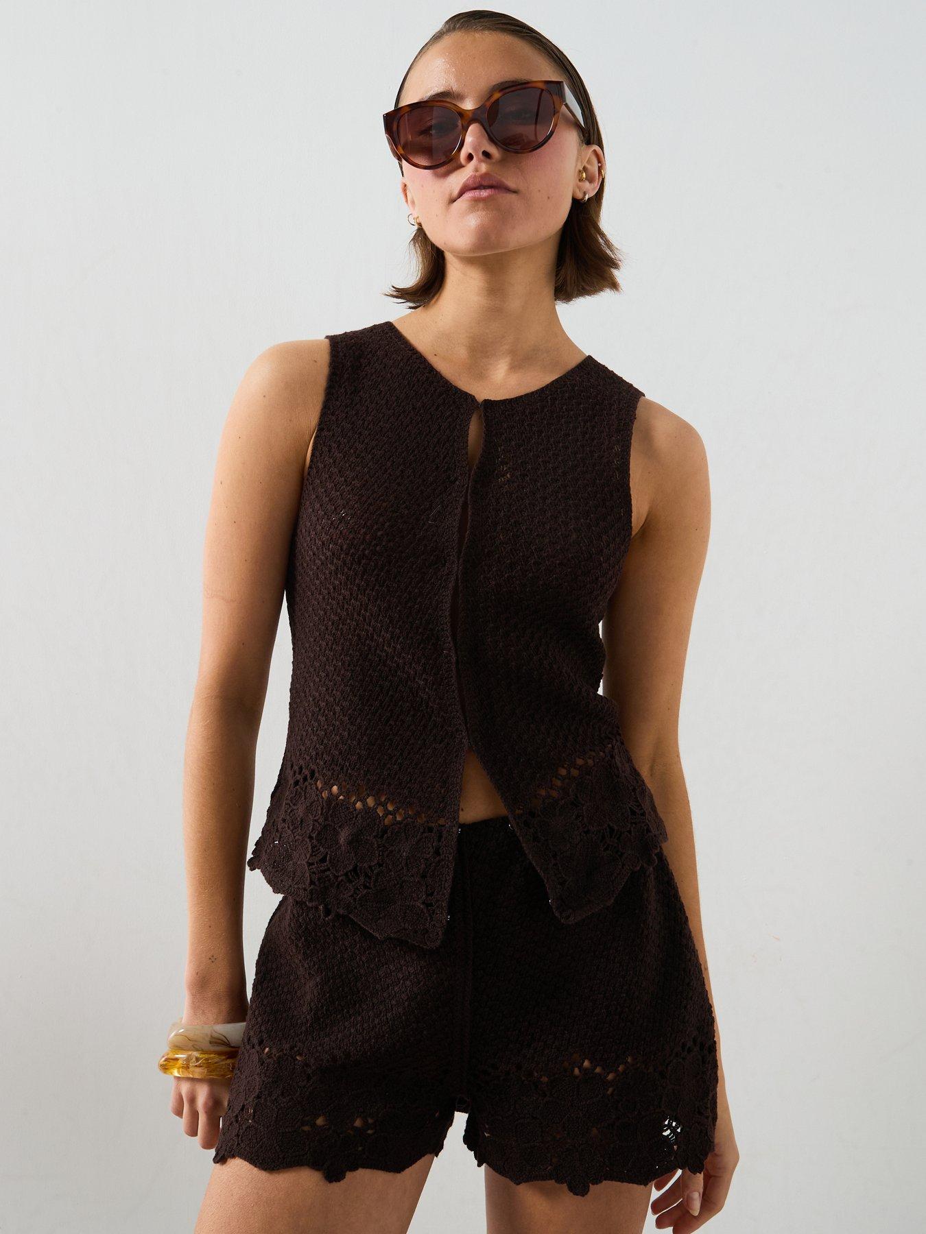 Image 5 of 6 of Mango Embroidered Co-Ord Openwork Shorts - Brown