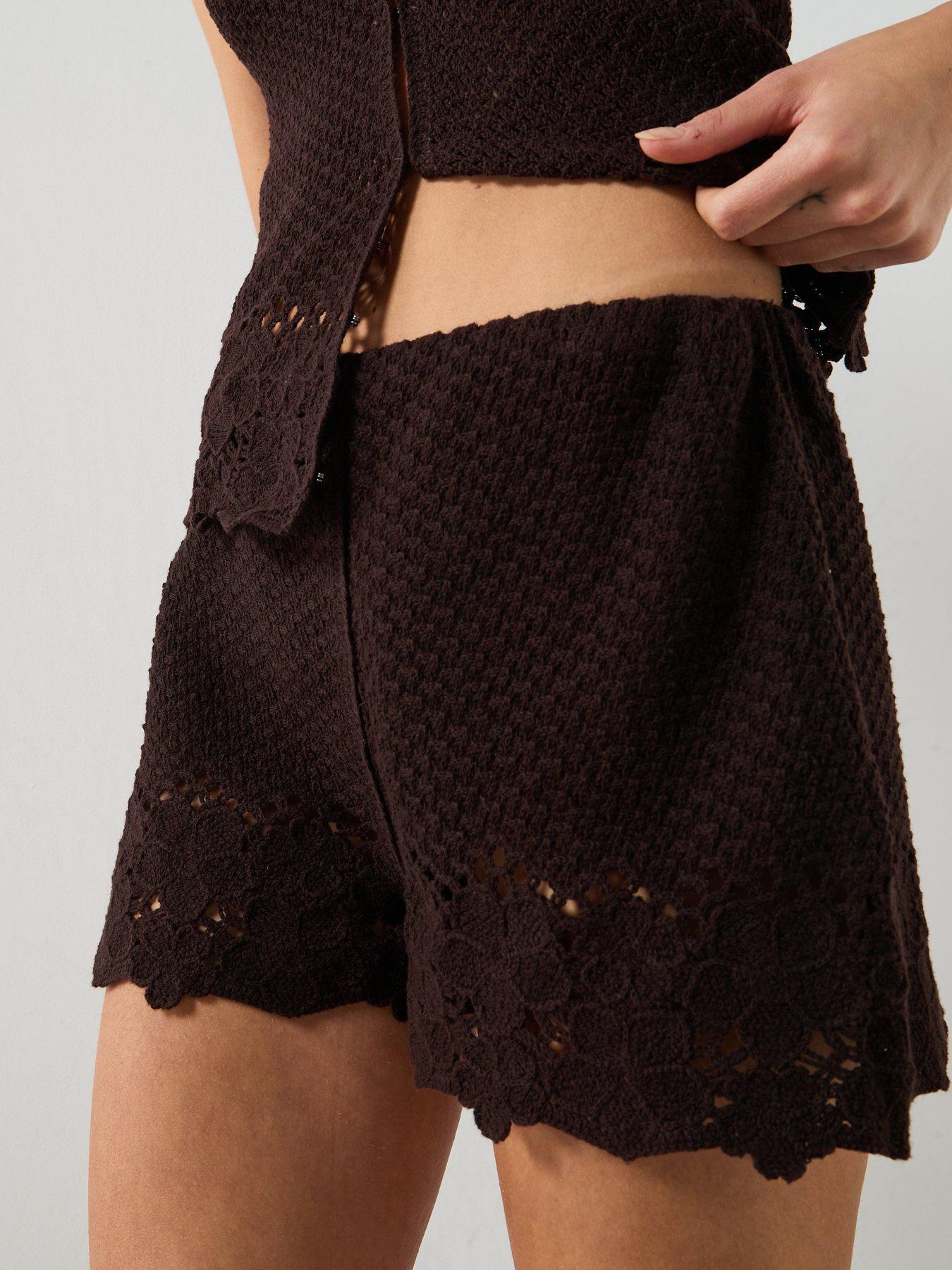 Image 6 of 6 of Mango Embroidered Co-Ord Openwork Shorts - Brown