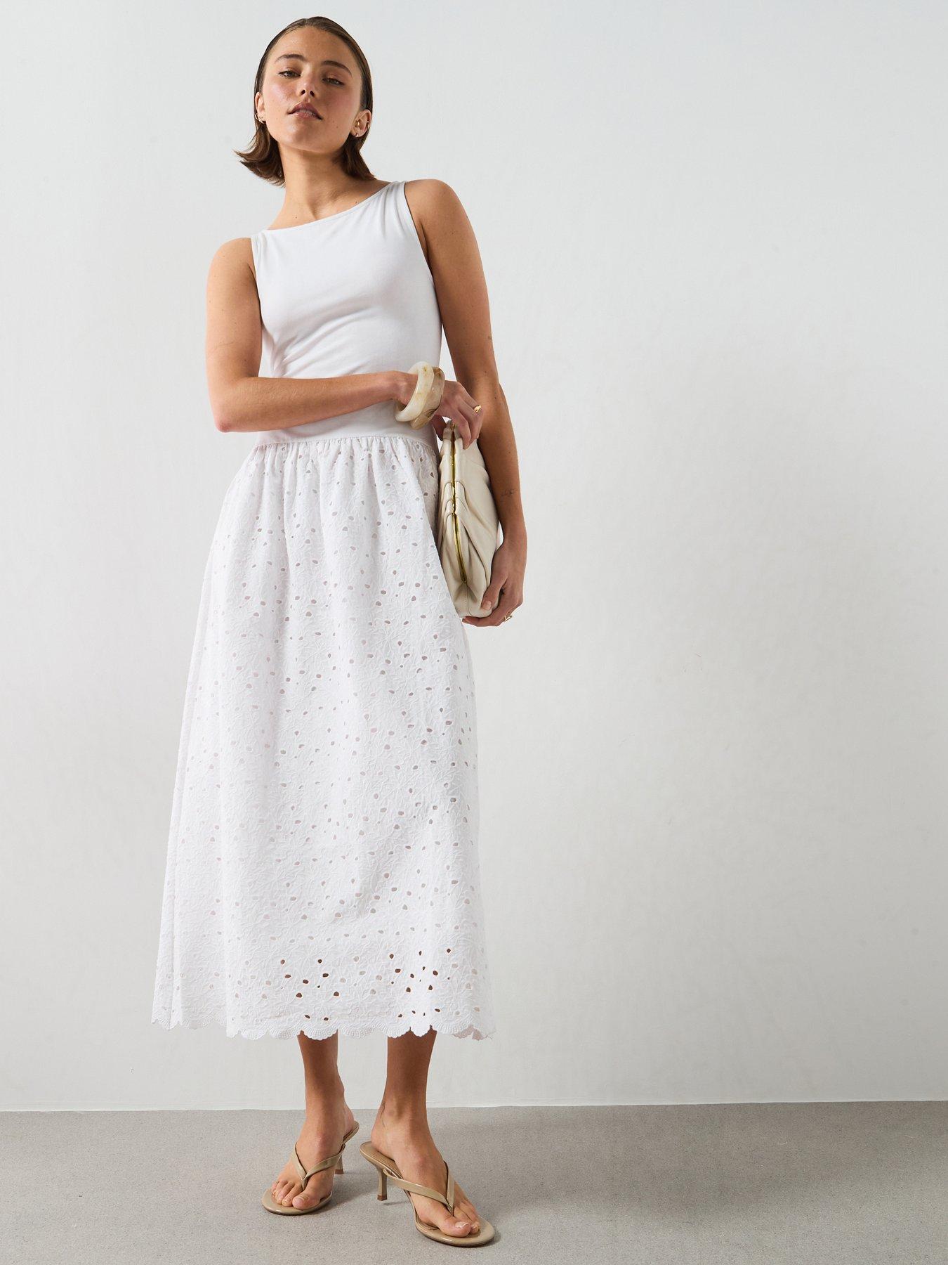 Image 1 of 6 of Mango A-Line Dress With Broderie Anglaise Embroidery - White