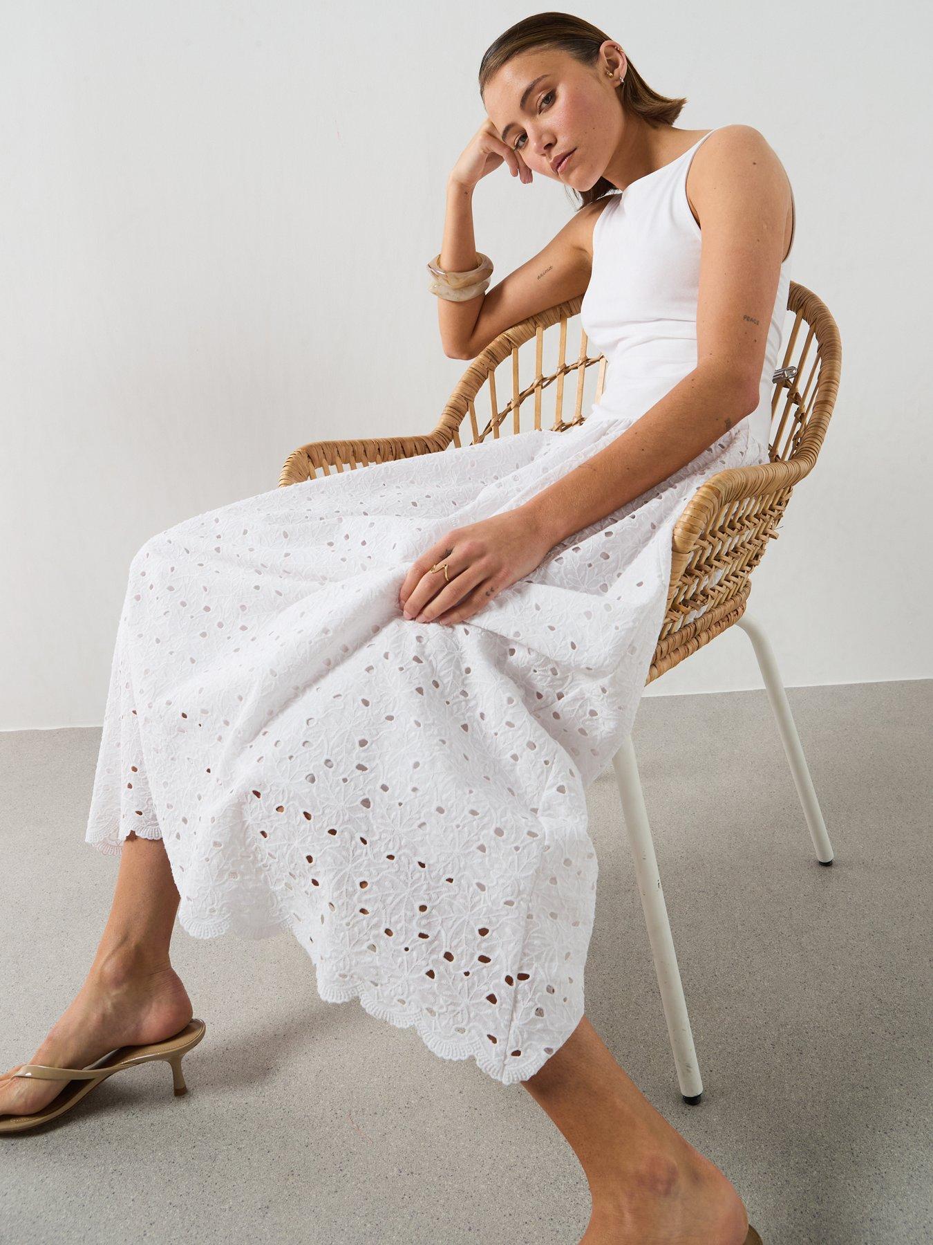 Image 4 of 6 of Mango A-Line Dress With Broderie Anglaise Embroidery - White