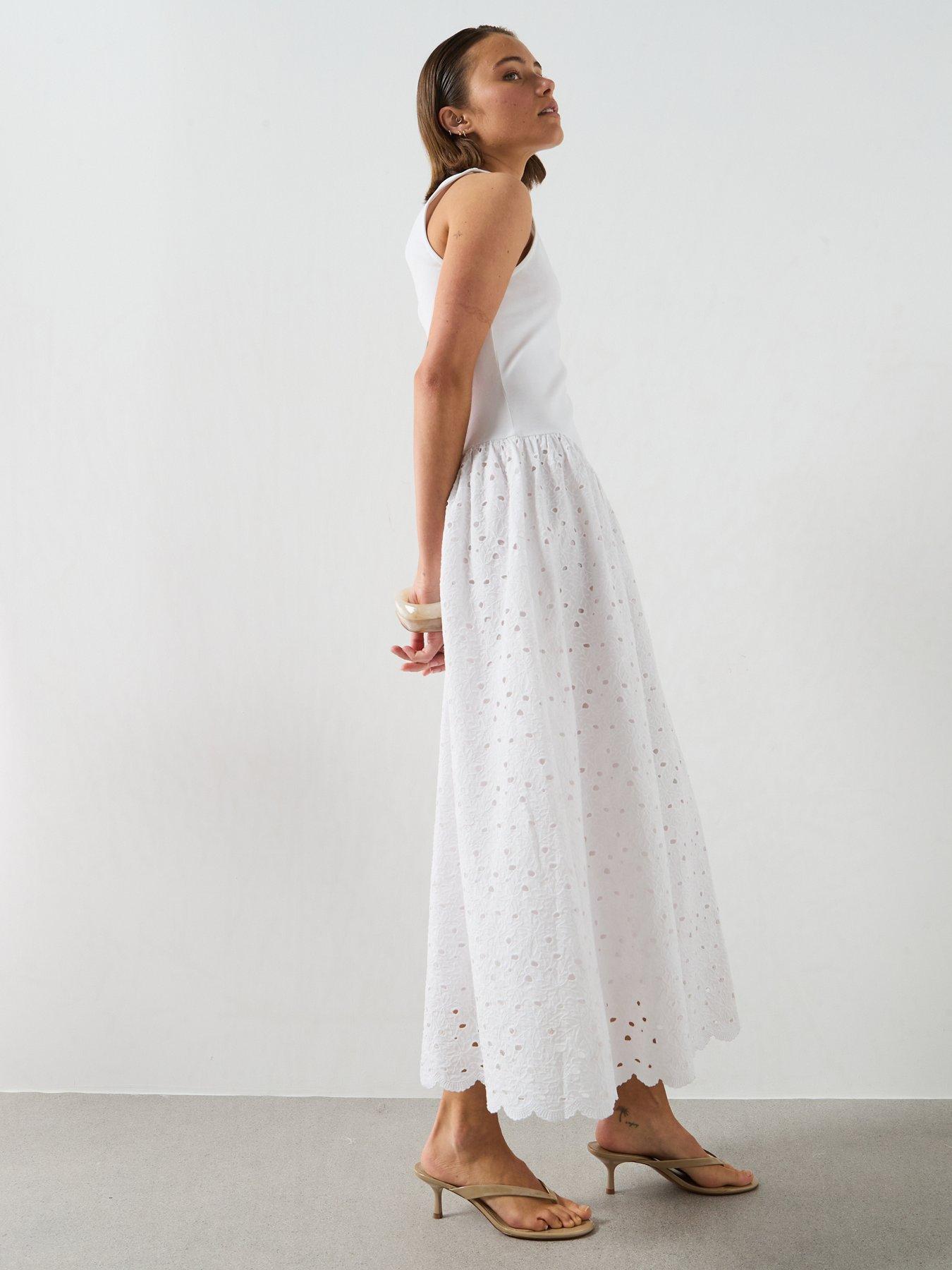Image 5 of 6 of Mango A-Line Dress With Broderie Anglaise Embroidery - White