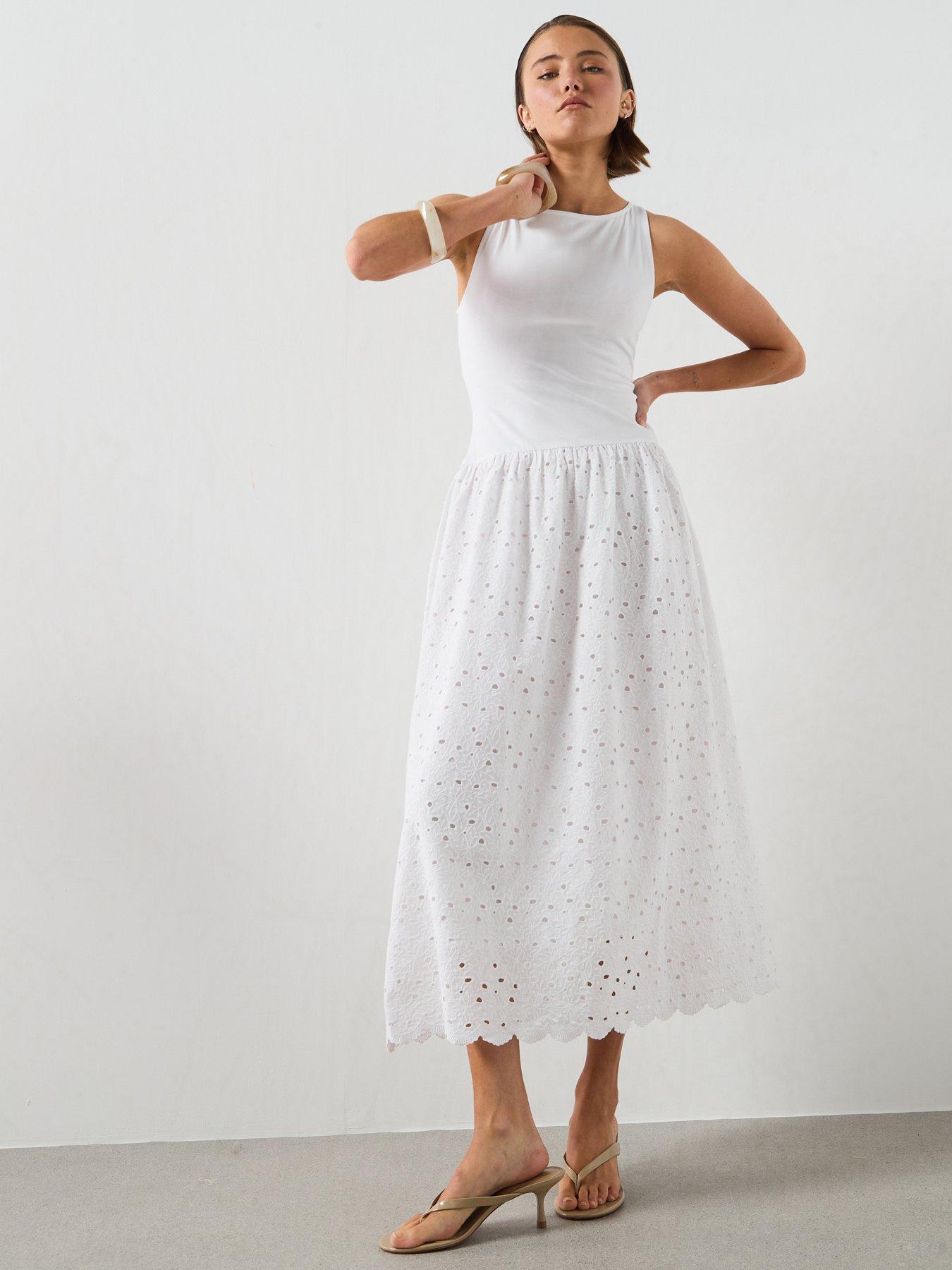Image 6 of 6 of Mango A-Line Dress With Broderie Anglaise Embroidery - White