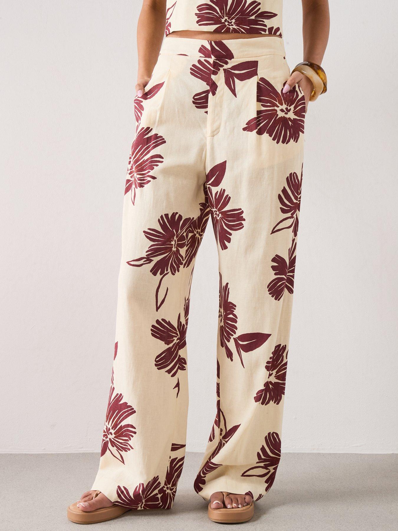 Image 1 of 6 of Mango Printed Co-ord Pleated Trousers - Cream