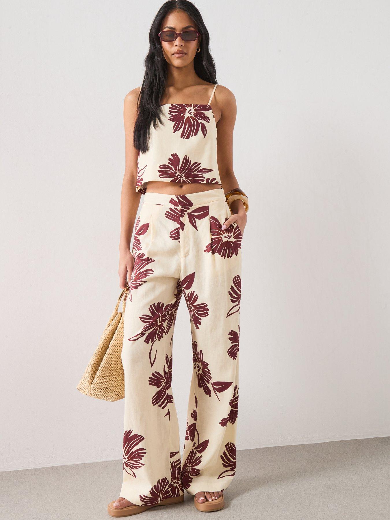 Image 3 of 6 of Mango Printed Co-ord Pleated Trousers - Cream