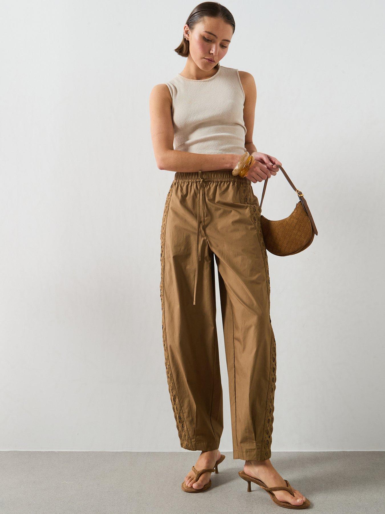 Image 1 of 6 of Mango 100% Cotton Trousers With Embroidered Stripe - Khaki