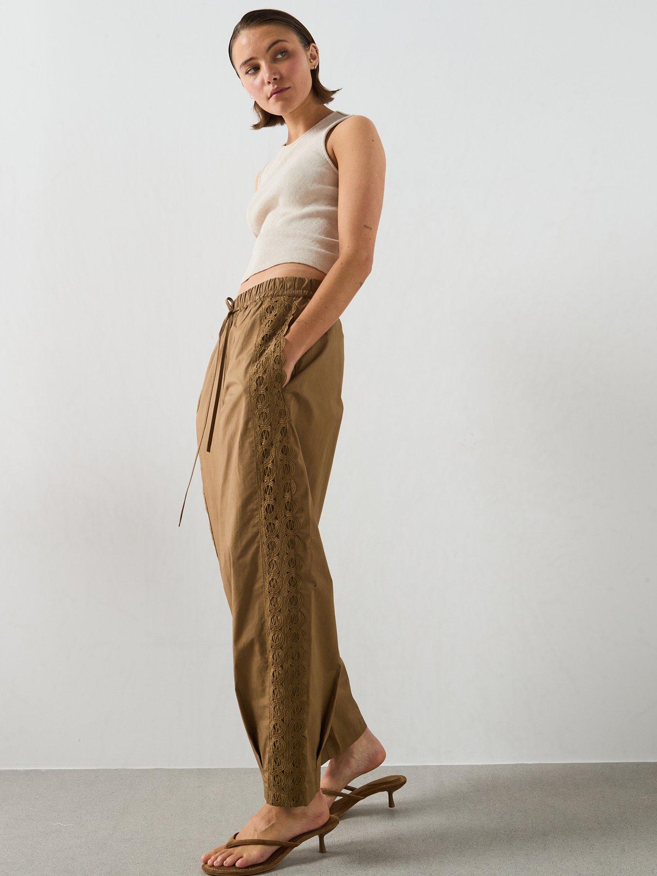 Image 4 of 6 of Mango 100% Cotton Trousers With Embroidered Stripe - Khaki