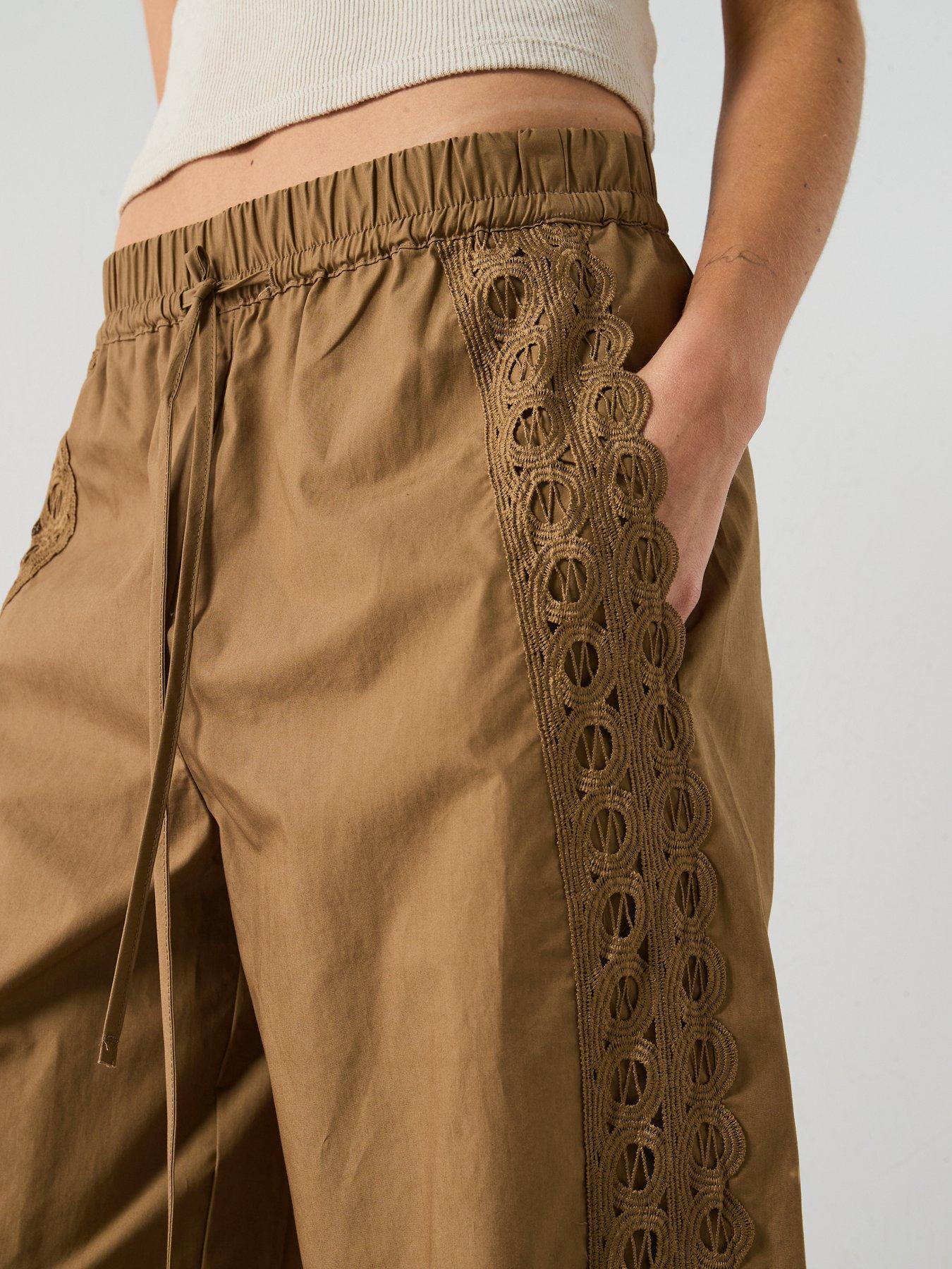 Image 6 of 6 of Mango 100% Cotton Trousers With Embroidered Stripe - Khaki