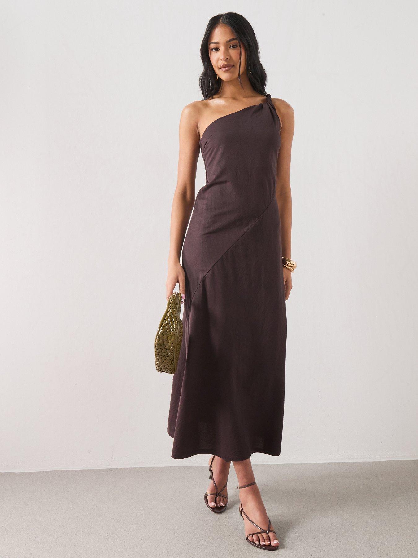 Image 3 of 5 of Mango Asymmetrical Dress With Gathered Strap - Brown