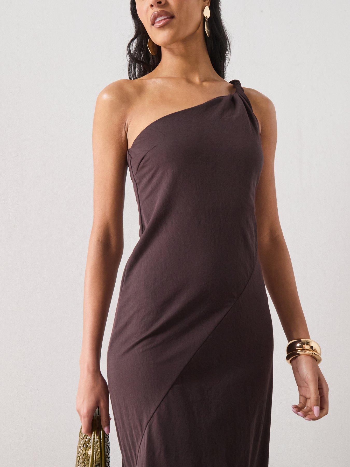Image 4 of 5 of Mango Asymmetrical Dress With Gathered Strap - Brown