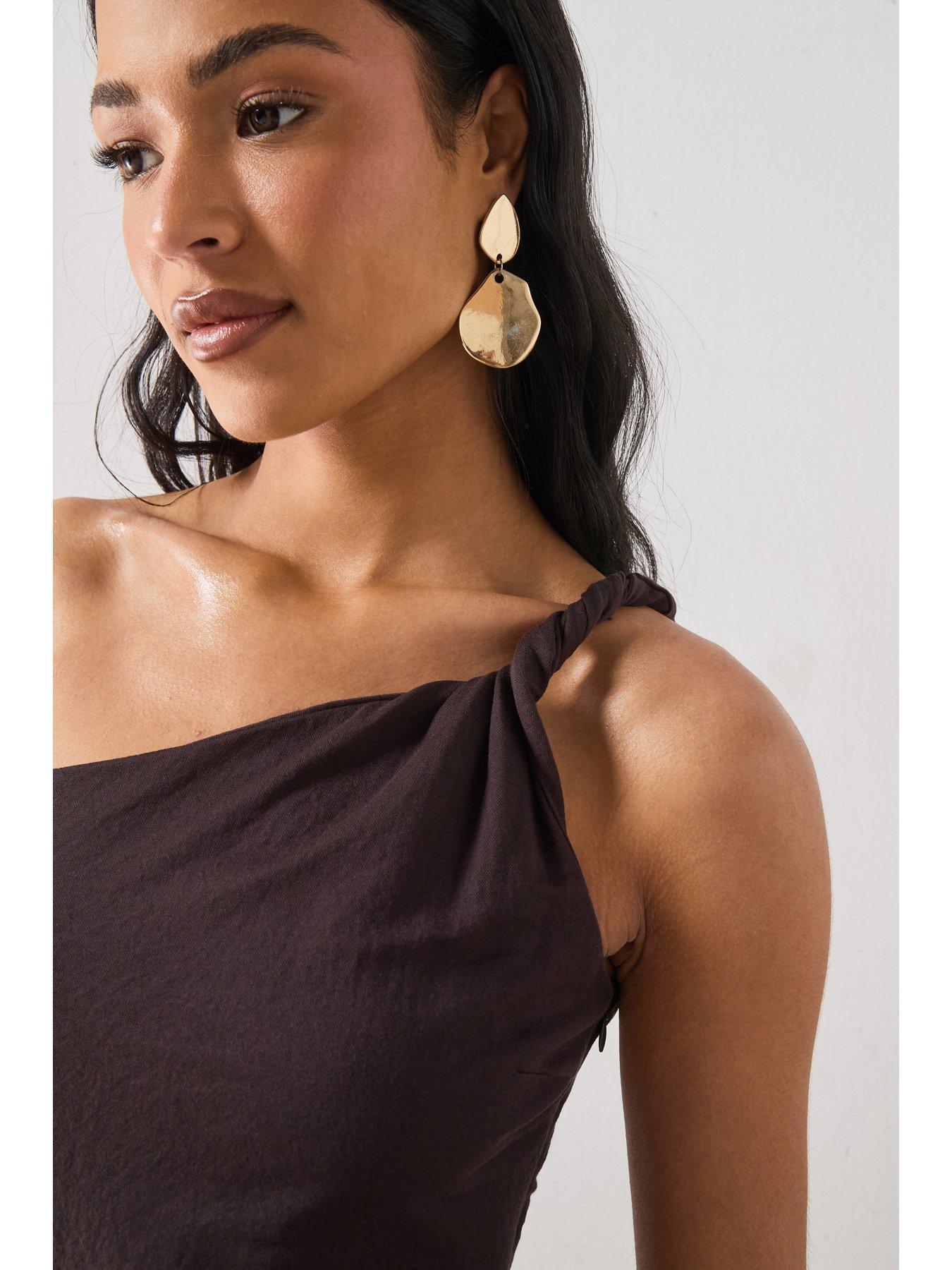 Image 5 of 5 of Mango Asymmetrical Dress With Gathered Strap - Brown