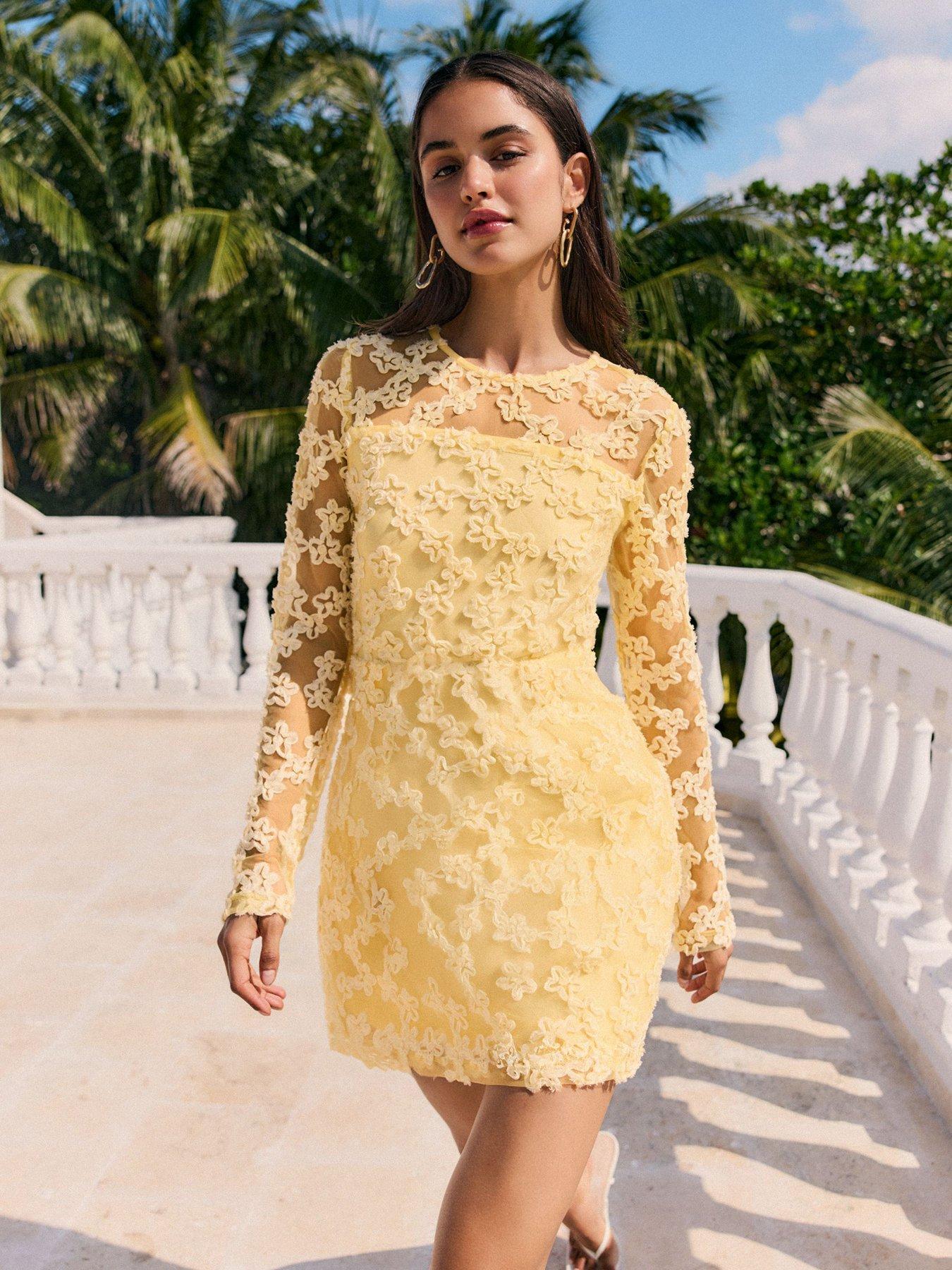 Image 1 of 5 of Friends Like These Yellow Lace Long Sleeve Mini Dress