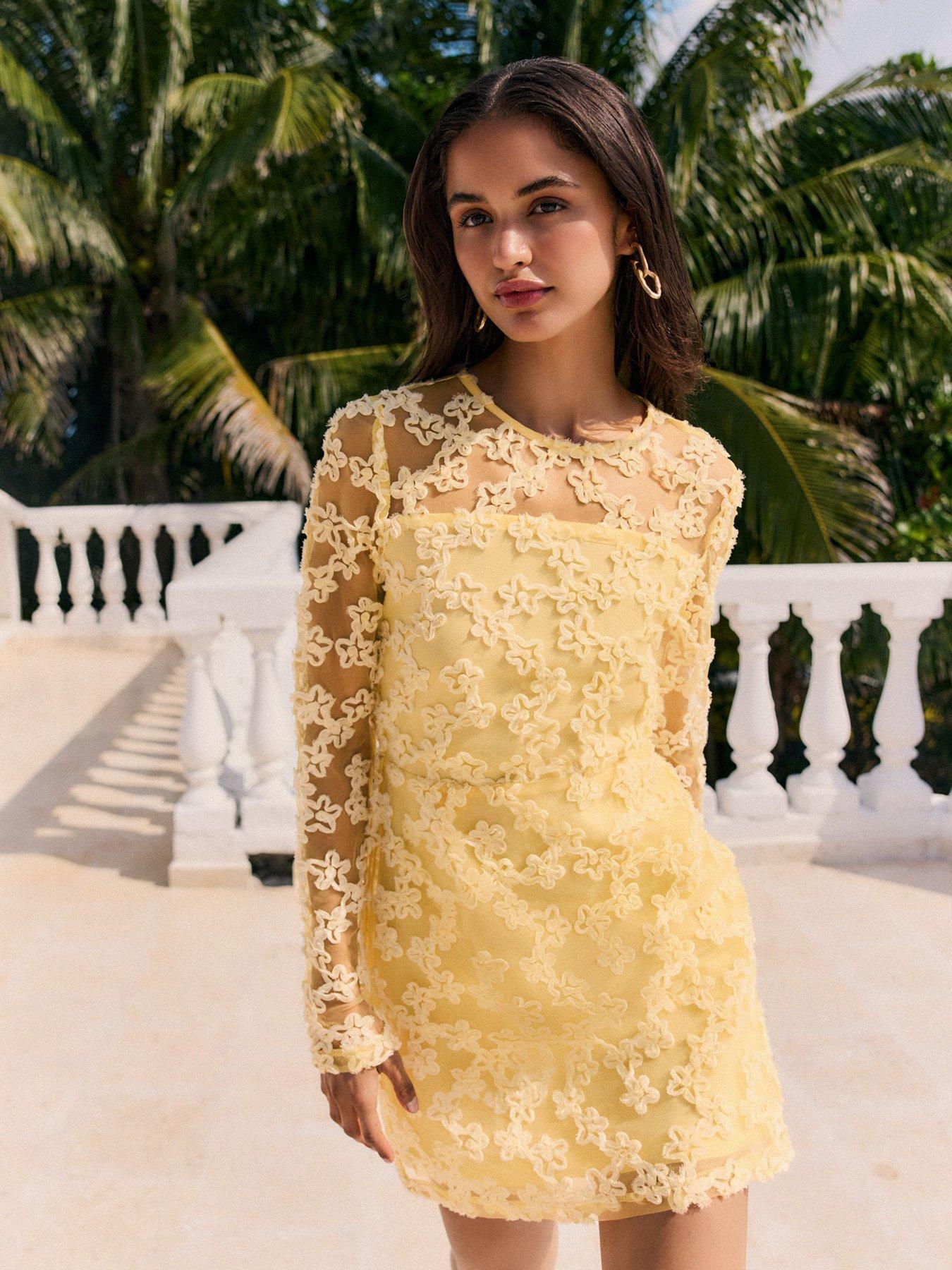 Image 4 of 5 of Friends Like These Yellow Lace Long Sleeve Mini Dress