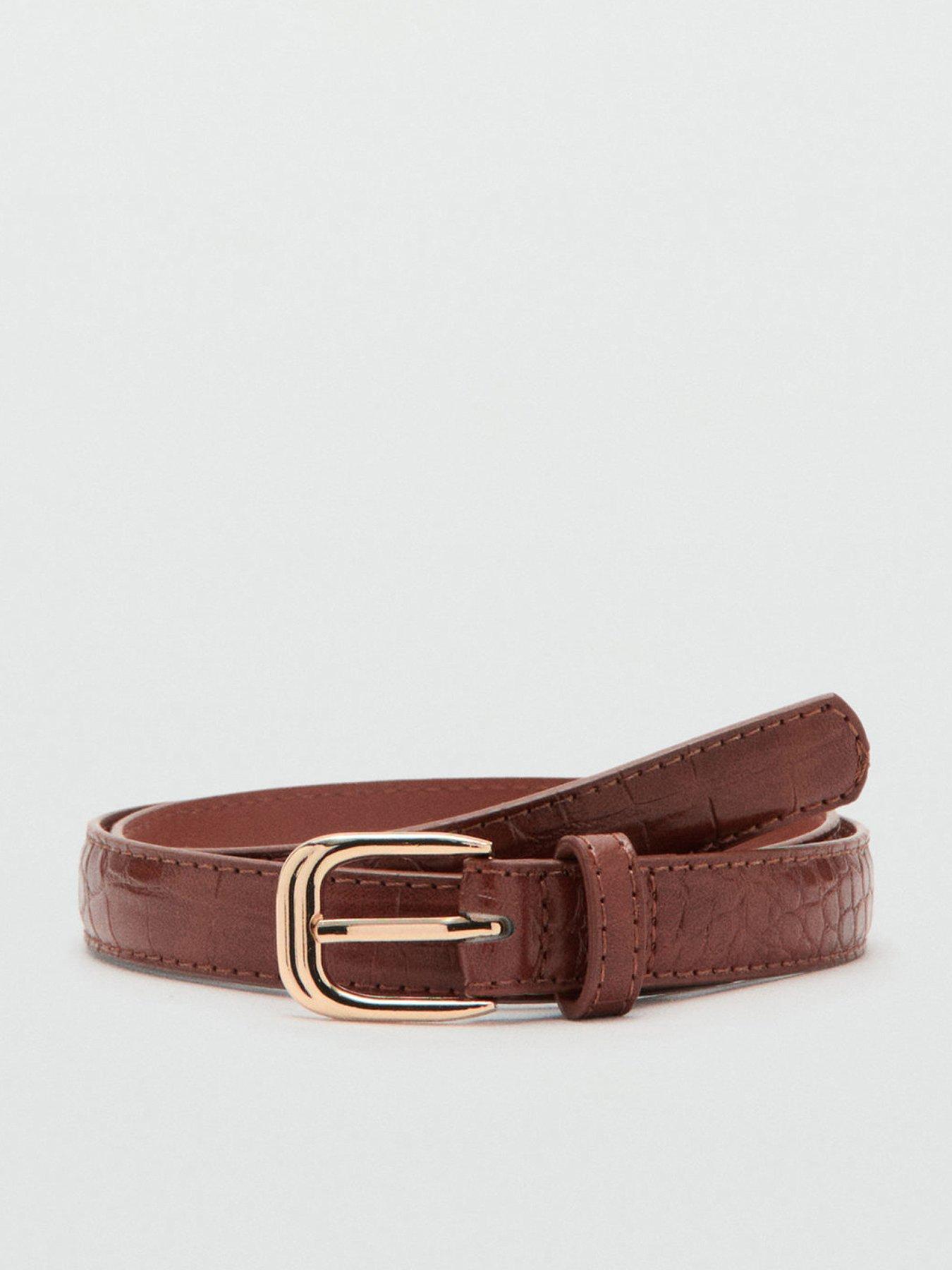 Mango Thin Faux Crocodile Leather Belt - Brown