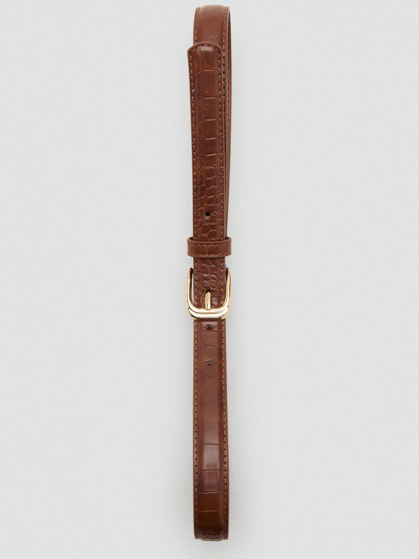 Image 3 of 4 of Mango Thin Faux Crocodile Leather Belt - Brown