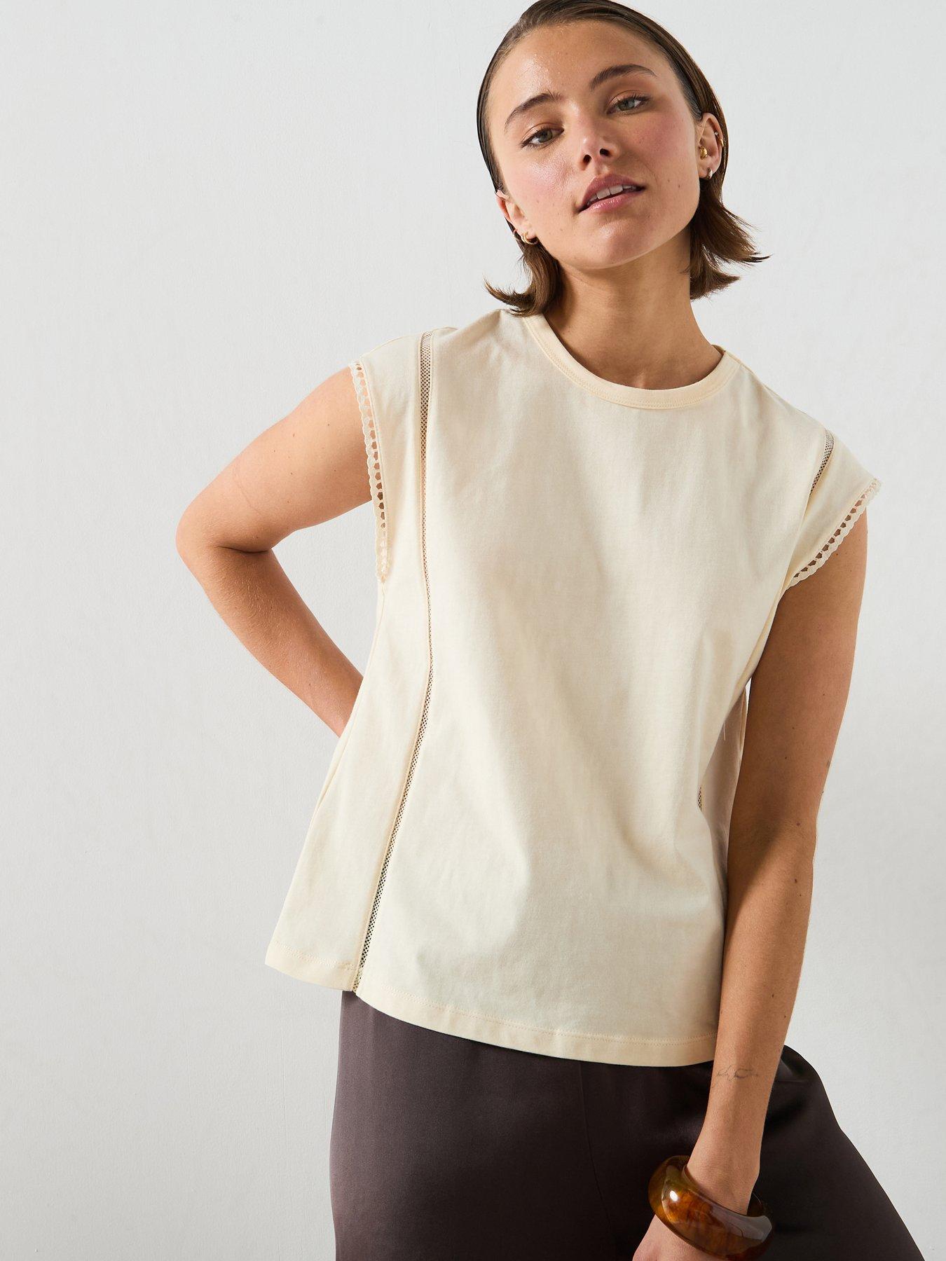 Image 1 of 5 of Mango Embroidered Cutwork Cotton T-Shirt - Cream