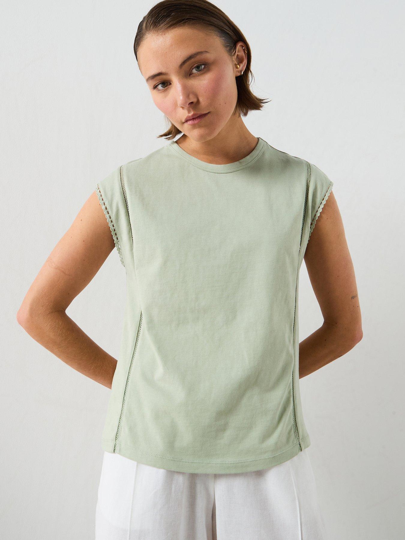 Image 1 of 6 of Mango Embroidered Cutwork Cotton T-Shirt - Green