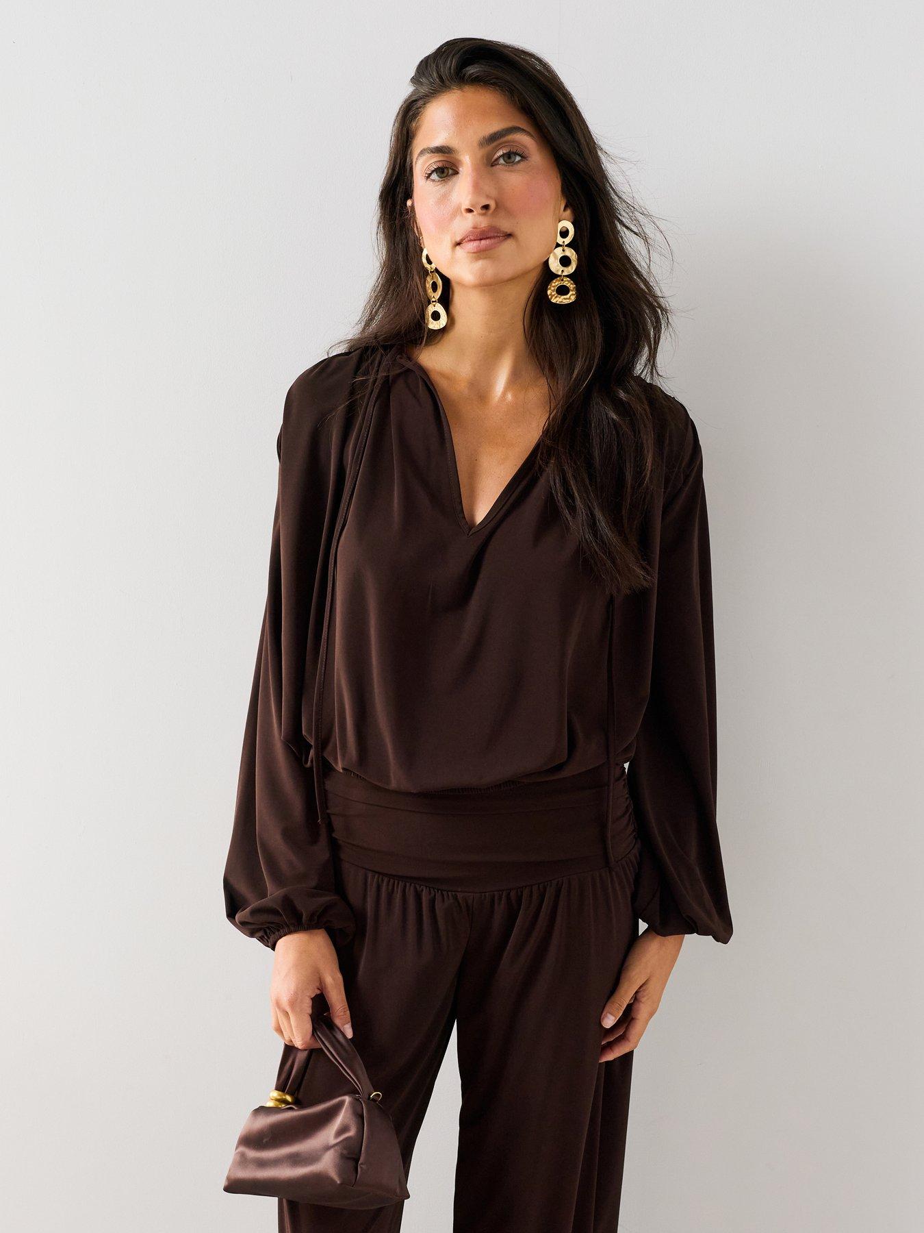 The Very Collection Bubble Hem Volume Sleeve Co-Ord Top - Brown