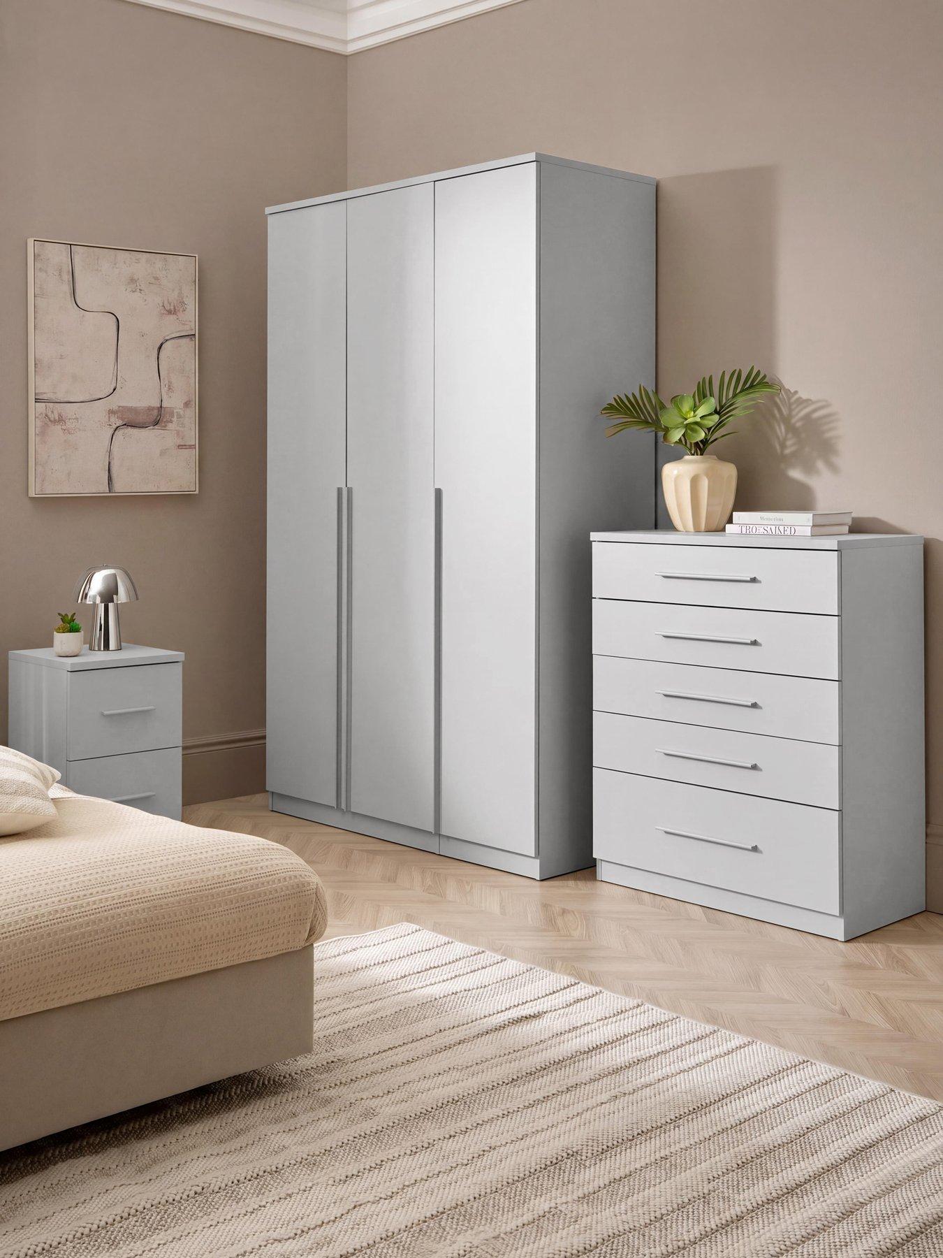 The Very Collection Murcia 3 Piece Package Deal - 3 Door Wardrobe, 5 Drawer Chest and 2 Drawer Bedside Chest - White