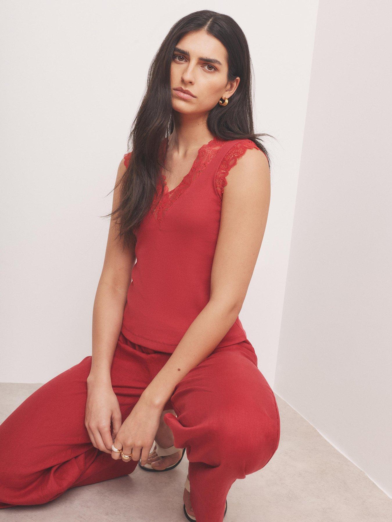 mint-velvet-red-lace-v-sleeveless-topstillFront