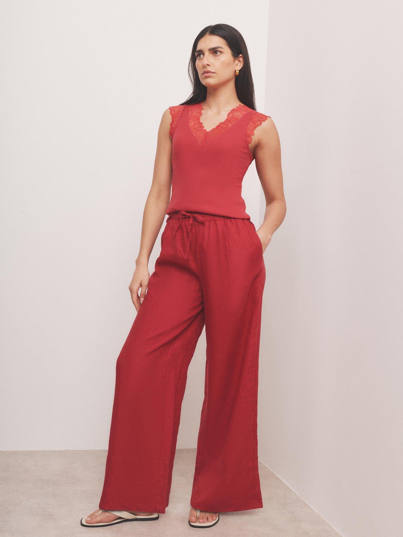 mint-velvet-red-lace-v-sleeveless-topoutfit