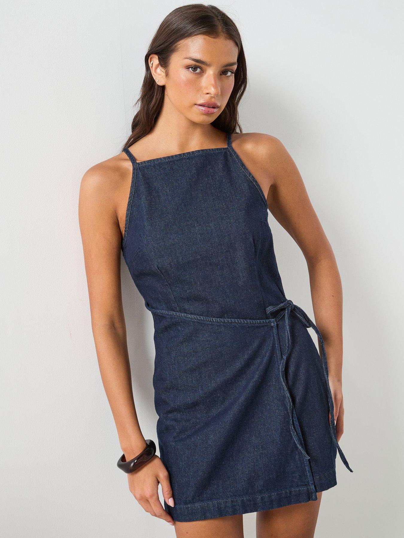 Image 1 of 6 of Mango Denim Dress With Bow Detail - Blue