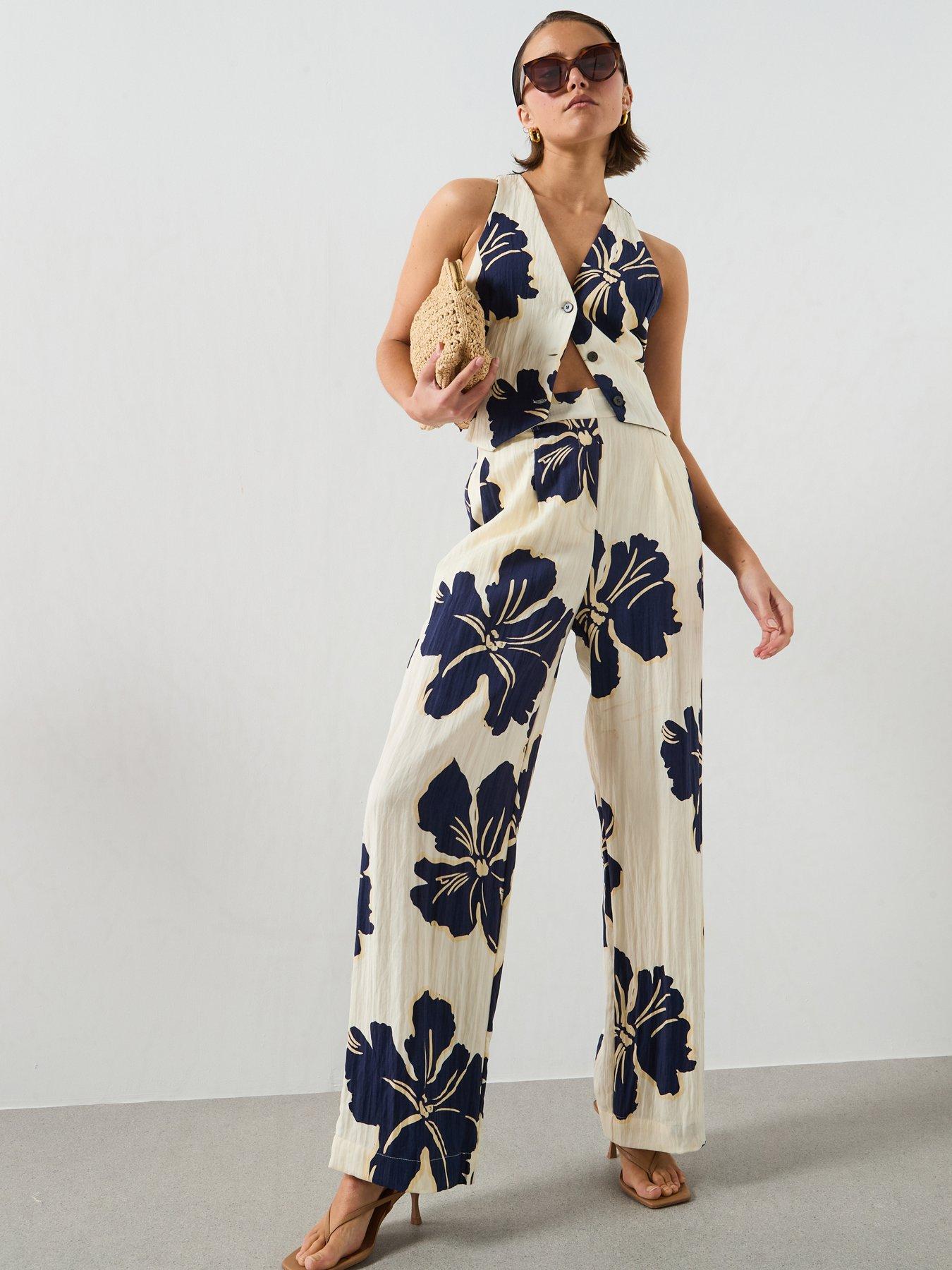 Image 1 of 5 of Mango Floral Print Lyocell Straight-Leg Trousers - Off White