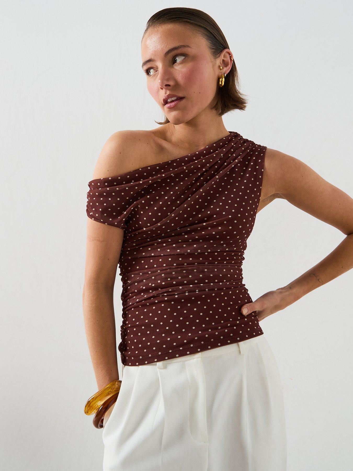 Mango Asymmetric Polka Dot Top - Brown