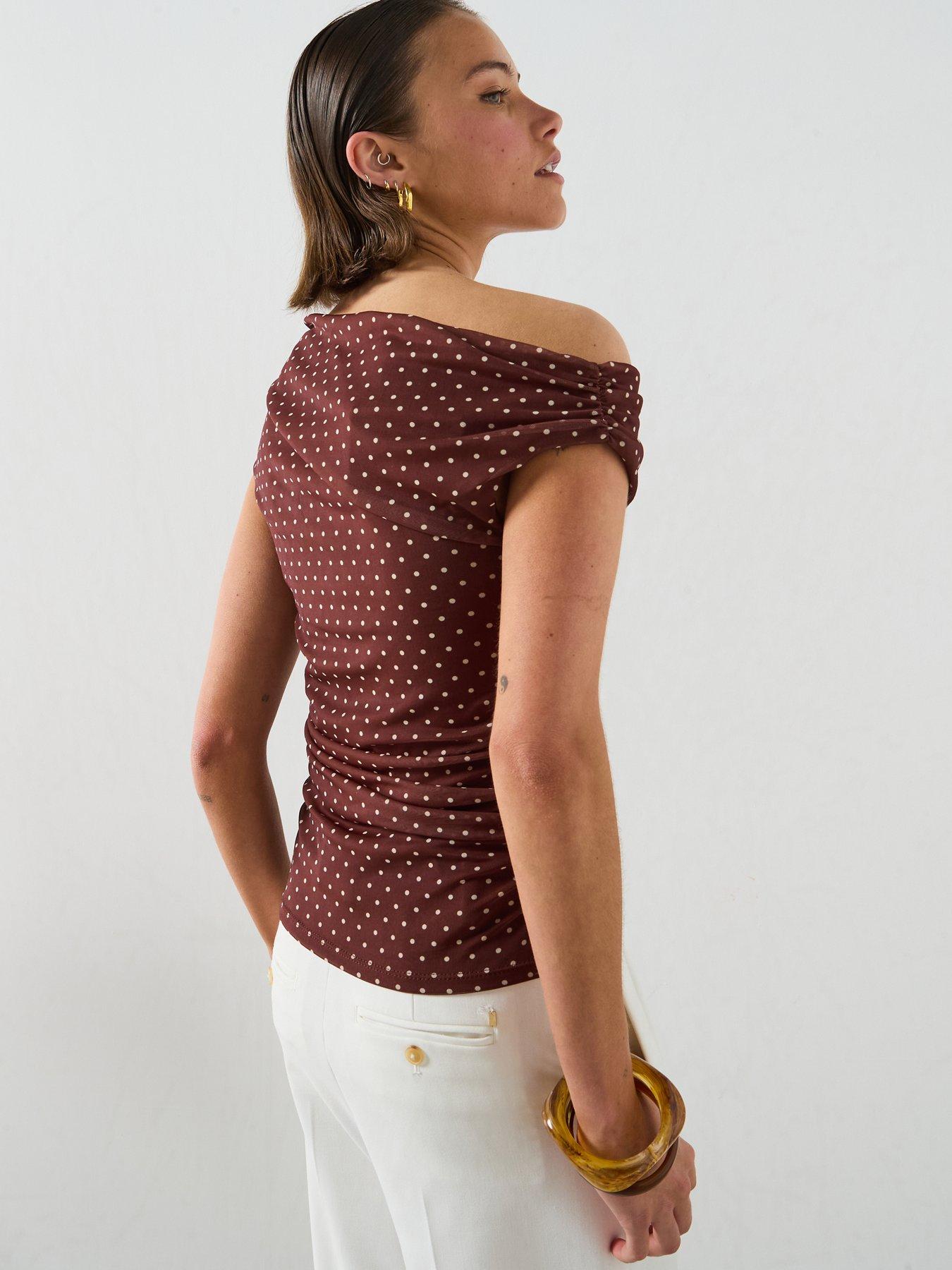 Image 2 of 5 of Mango Asymmetric Polka Dot Top - Brown