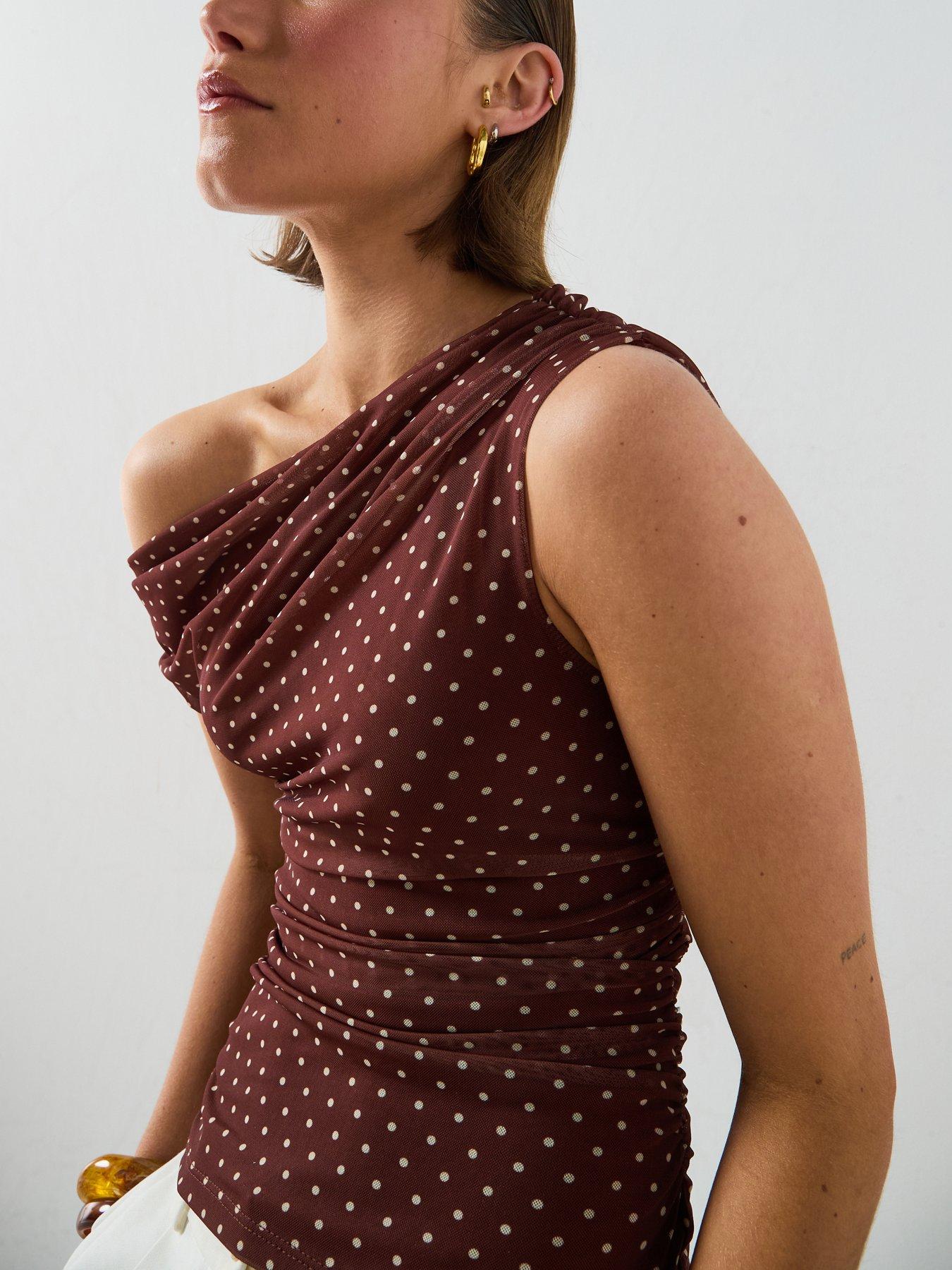 Image 5 of 5 of Mango Asymmetric Polka Dot Top - Brown