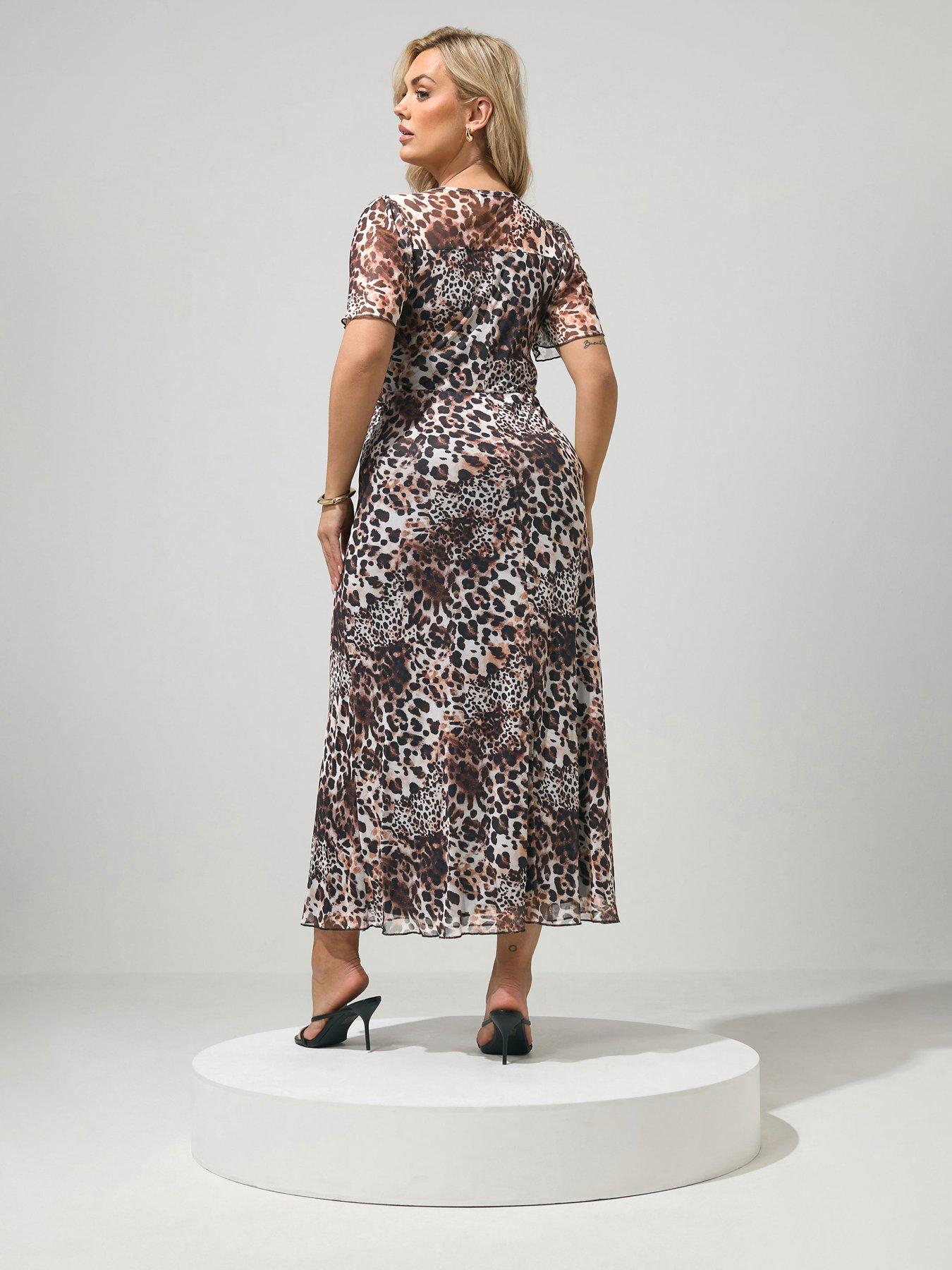 Image 2 of 4 of Yours Curve Animal Print Square Neck Mesh Maxi Dress - Brown
