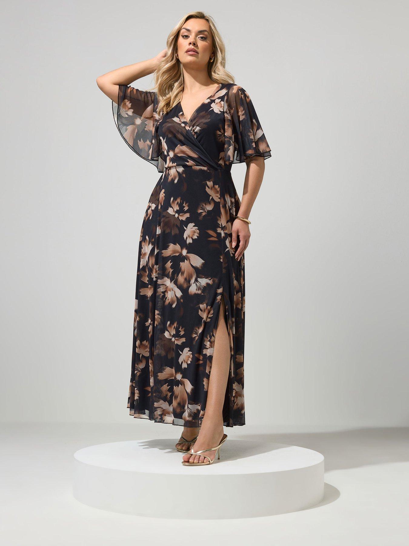 Yours Curve Floral Mesh Maxi Dress - Brown