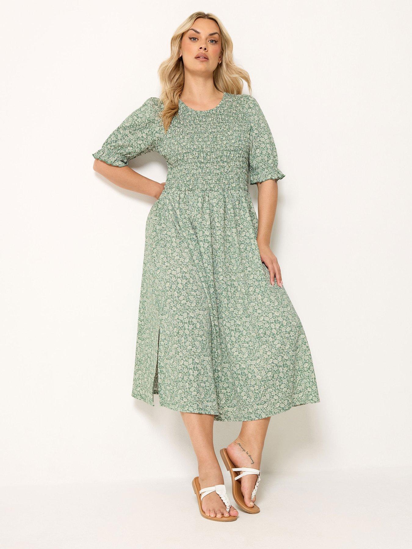 Image 3 of 4 of Yours Curve Shirred Puff Sleeve Dress - Green