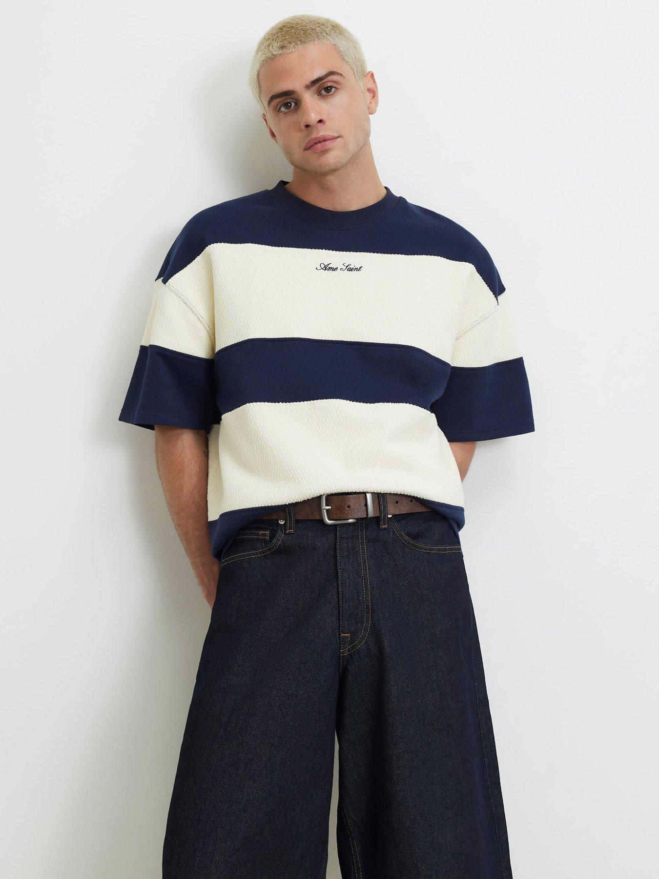 River Island Men's Oversized Cotton Ame Saint Stripe T-Shirt - Navy