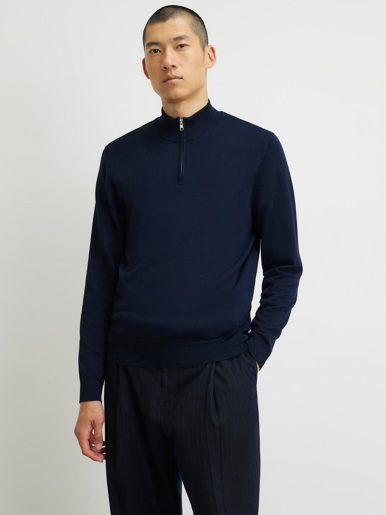 Image 1 of 6 of River Island Slim Fit Half Zip Jumper - Navy