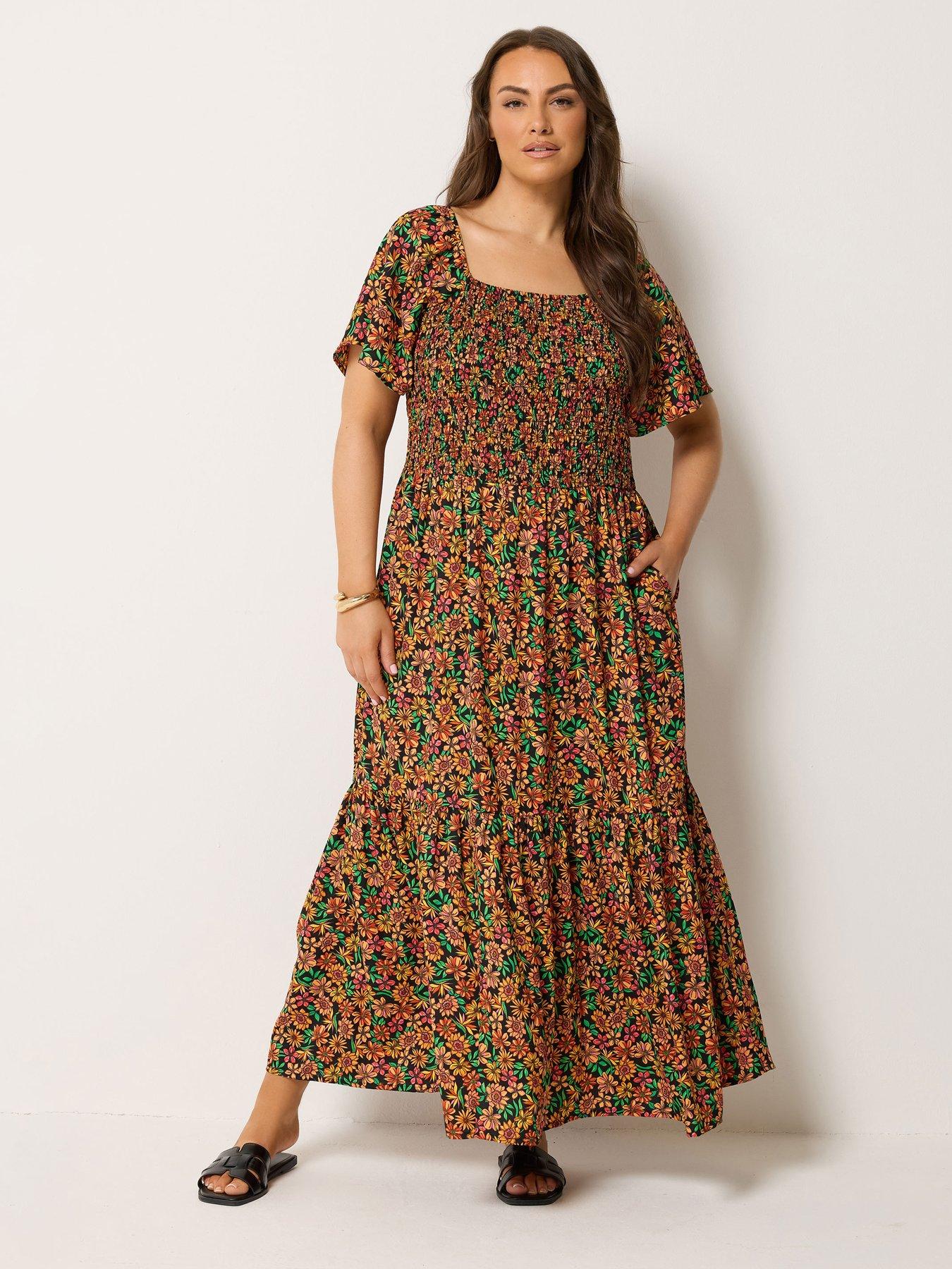 Yours Curve Shirred Square Neck Maxi Dress - Black