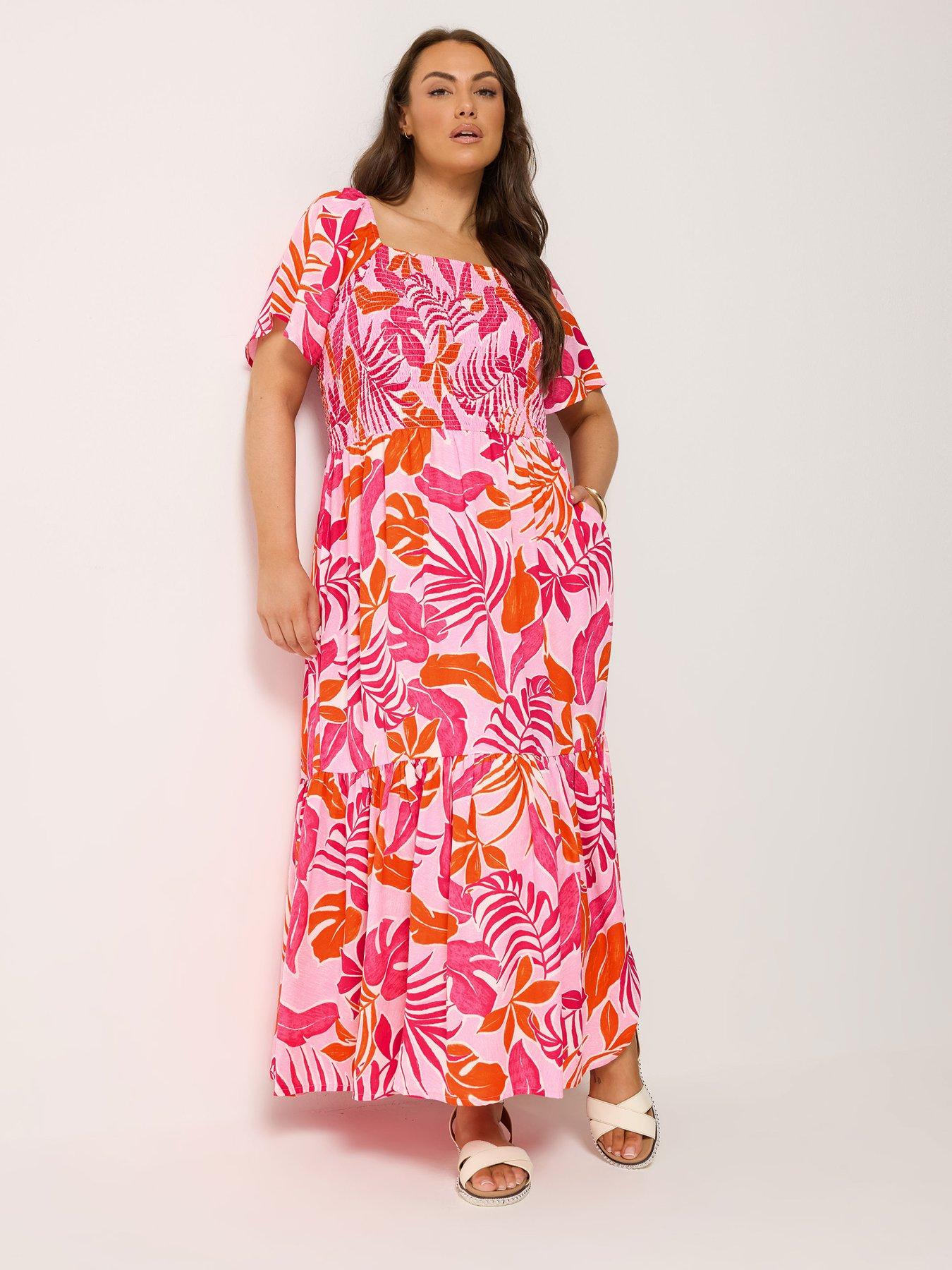 Yours Curve Shirred Square Neck Maxi Dress - Pink